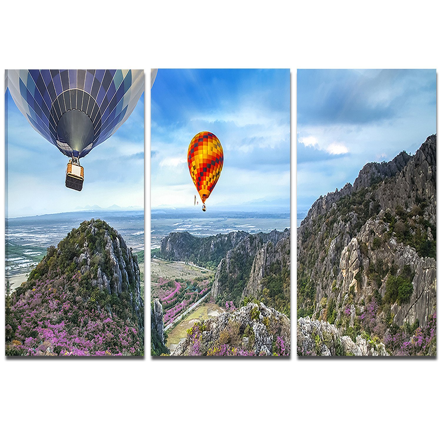 Designart Mountains and Balloon Landscape Metal Wall Art - 3 Panel Photo Print 36x28 Inches - Modern Home & Office Decor for Living Room, Bedroom, Dining Area