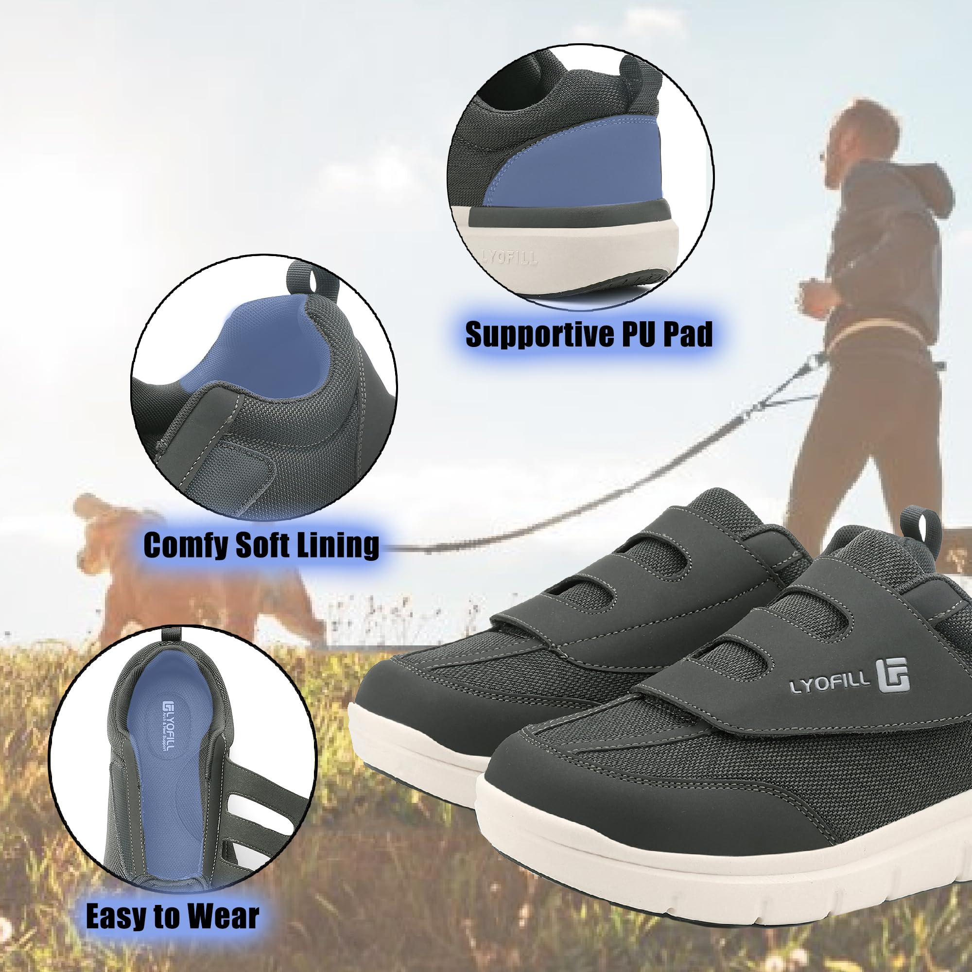 **Men's Wide Toe Box Walking Shoes - Lace-Free Adjustable Extra Wide Width Sneakers & Slip-On Loafers - Diabetic Shoes with Arch Support for Swollen Feet Pain Relief - Ideal for Walking, Travel & Daily Comfort**