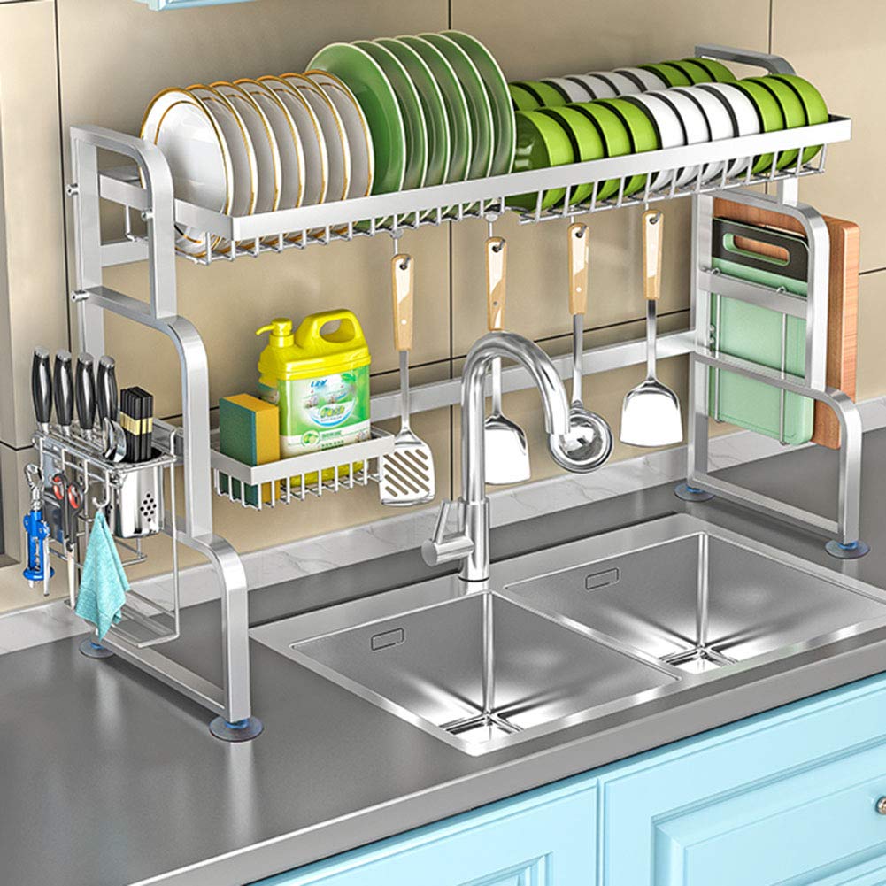 2 Tier Stainless Steel Dish Rack for Kitchen Sink - Space Saving Large Dish Drainer with Cutlery Holder & Anti-Rust Design | Perfect for Countertop Organization & Small Kitchen Storage