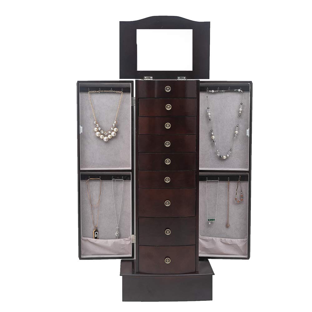 8-Drawer Jewelry Storage Armoire with 2 Swing Doors & 16 Necklace Hooks - Large Jewelry Organizer Cabinet with Makeup Mirror for Bedroom, Closet & Vanity (White)