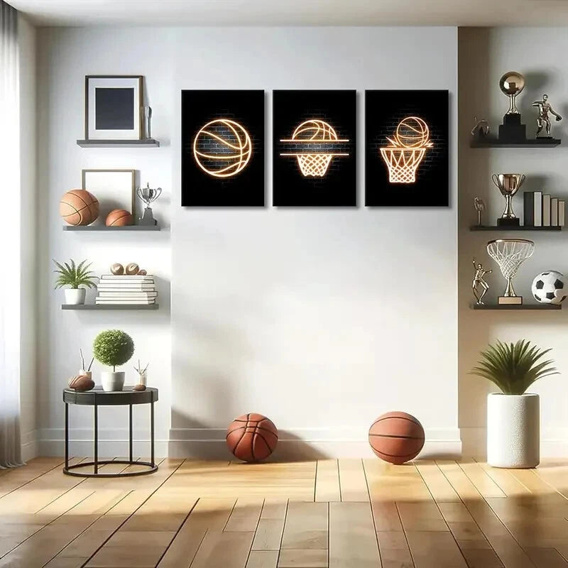 3-Piece Creative Basketball Art Neon Painting Metal Print - Ready to Hang Wall Decor for Man Cave, Game Room & Sports Bar