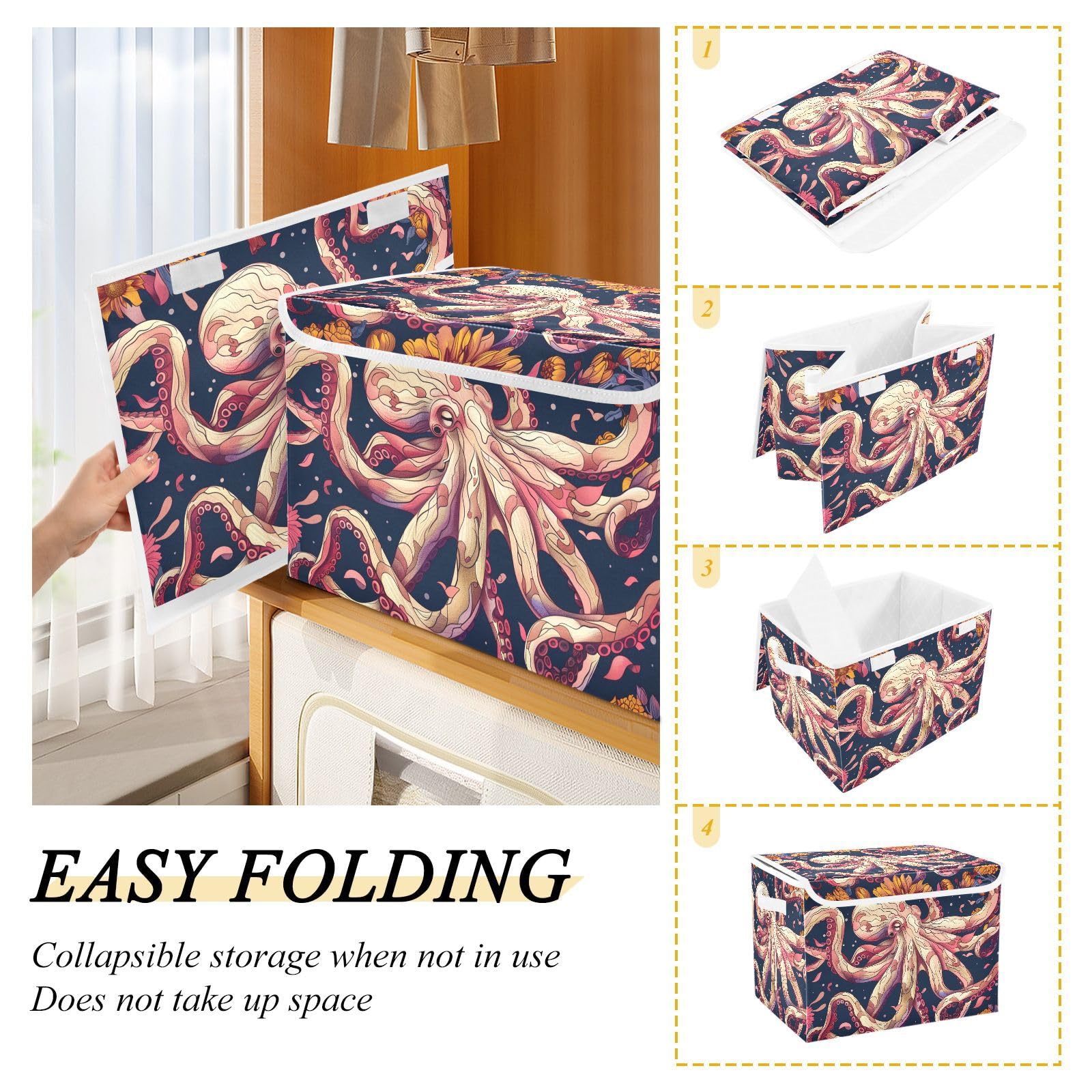 Collapsible Storage Bins with Lids - Octopus Pattern Foldable Organizer Baskets for Clothes, Toys & Home Organization | Perfect for Bedroom, Nursery & Laundry Room Storage