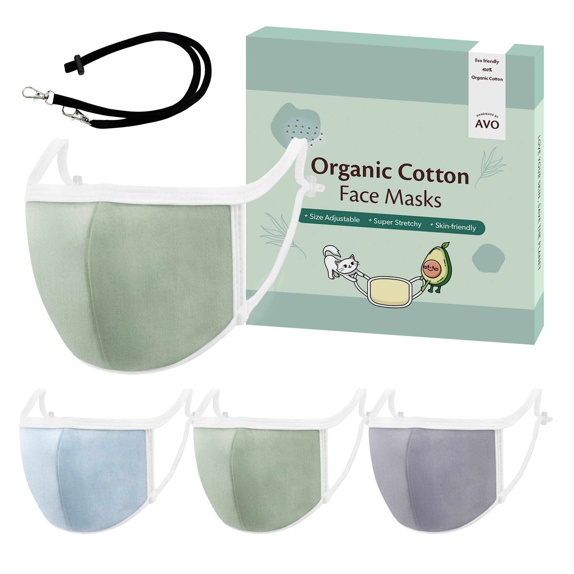 AVO Handmade 3-Pack 100% Organic Cotton Reusable Face Masks with Lanyard - Breathable, Washable Black Masks for Adults | Perfect for Travel, Work & Daily Protection