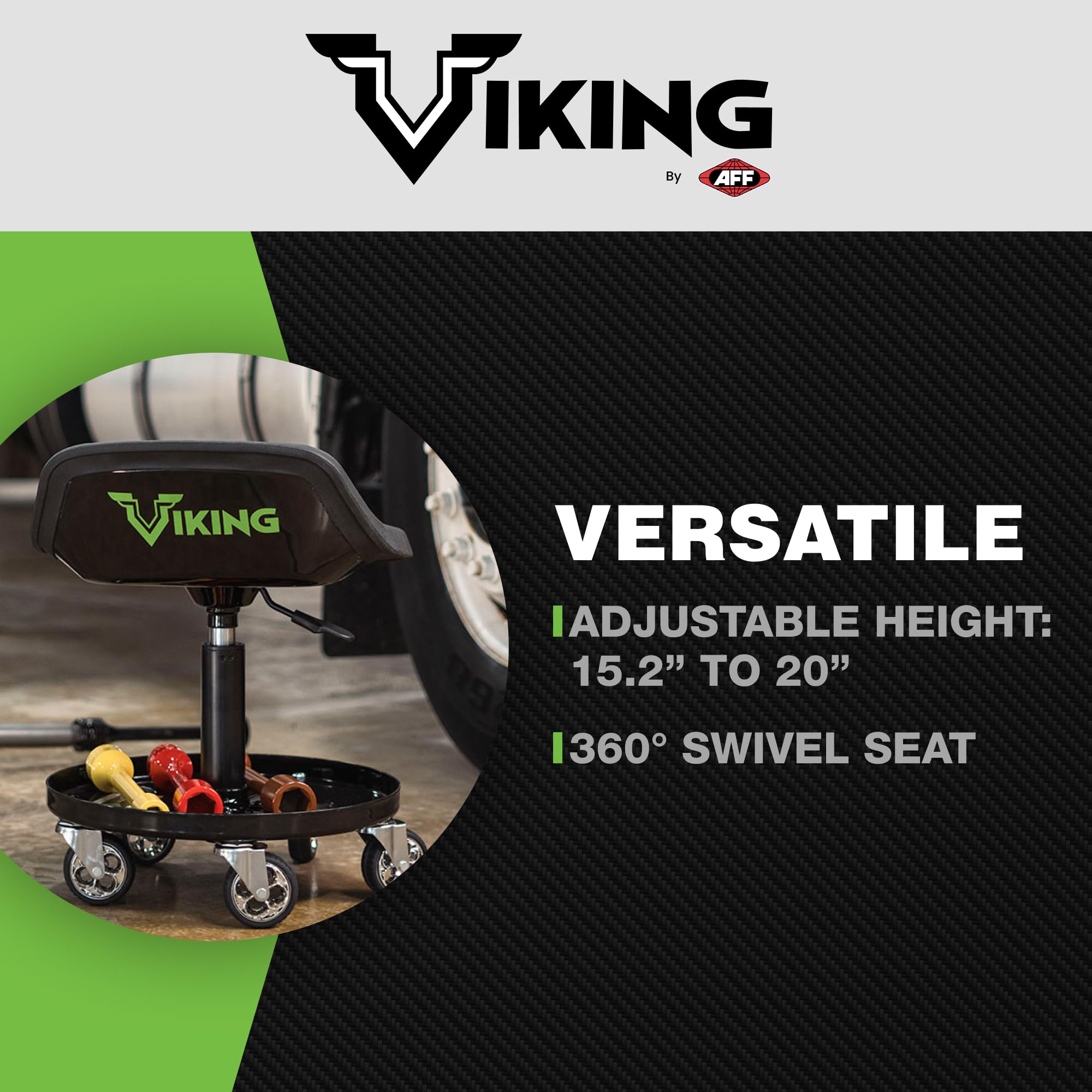 AFF Viking Rolling Shop Stool with Tool Tray - Heavy Duty 300 lbs Capacity Garage Stool on Wheels for Mechanics - Ergonomic Padded Seat - Multiple Styles - Perfect for Auto Repair, Workshop & Industrial Use
