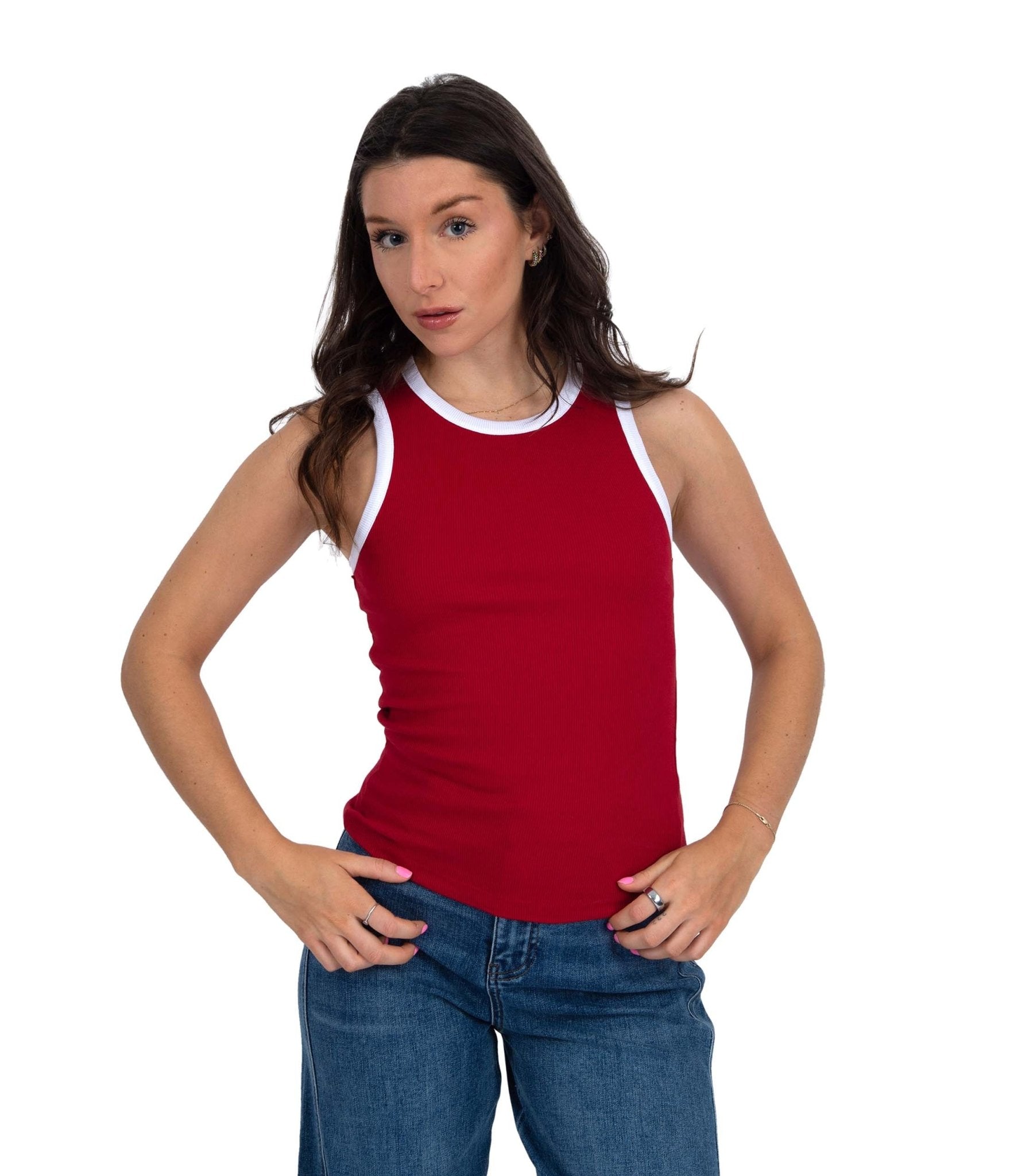 Red & White Maria Crew Neck Muscle Tank Top for Women - Breathable Workout Shirt for Gym, Running & Yoga