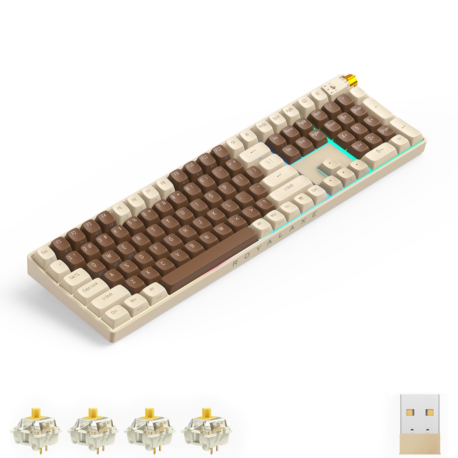 R108 Wireless Mechanical Keyboard - Gateron G Pro 3.0 Yellow Switch, Hot Swappable Wired/Bluetooth/2.4G RGB Gaming Keyboard with PBT Keycaps for Windows & Mac (Lava Brown) - Perfect for Office Work, Gaming & Programming