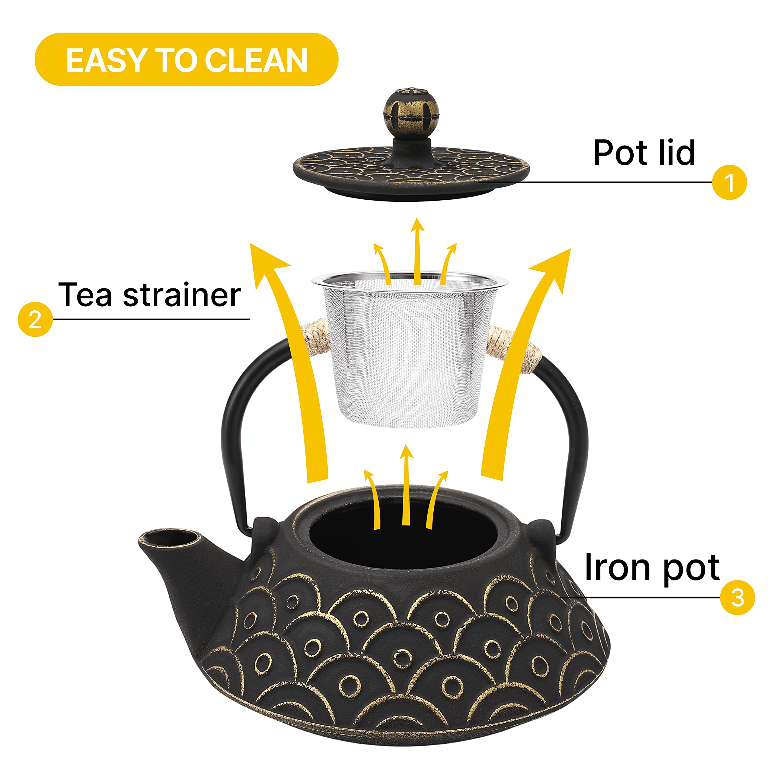 VUDECO 30oz Gold & Black Japanese Cast Iron Teapot Set with Infuser - Traditional Tetsubin for Loose Leaf Tea Brewing - Perfect for Home, Office & Tea Ceremonies - Stovetop & Wood Stove Compatible