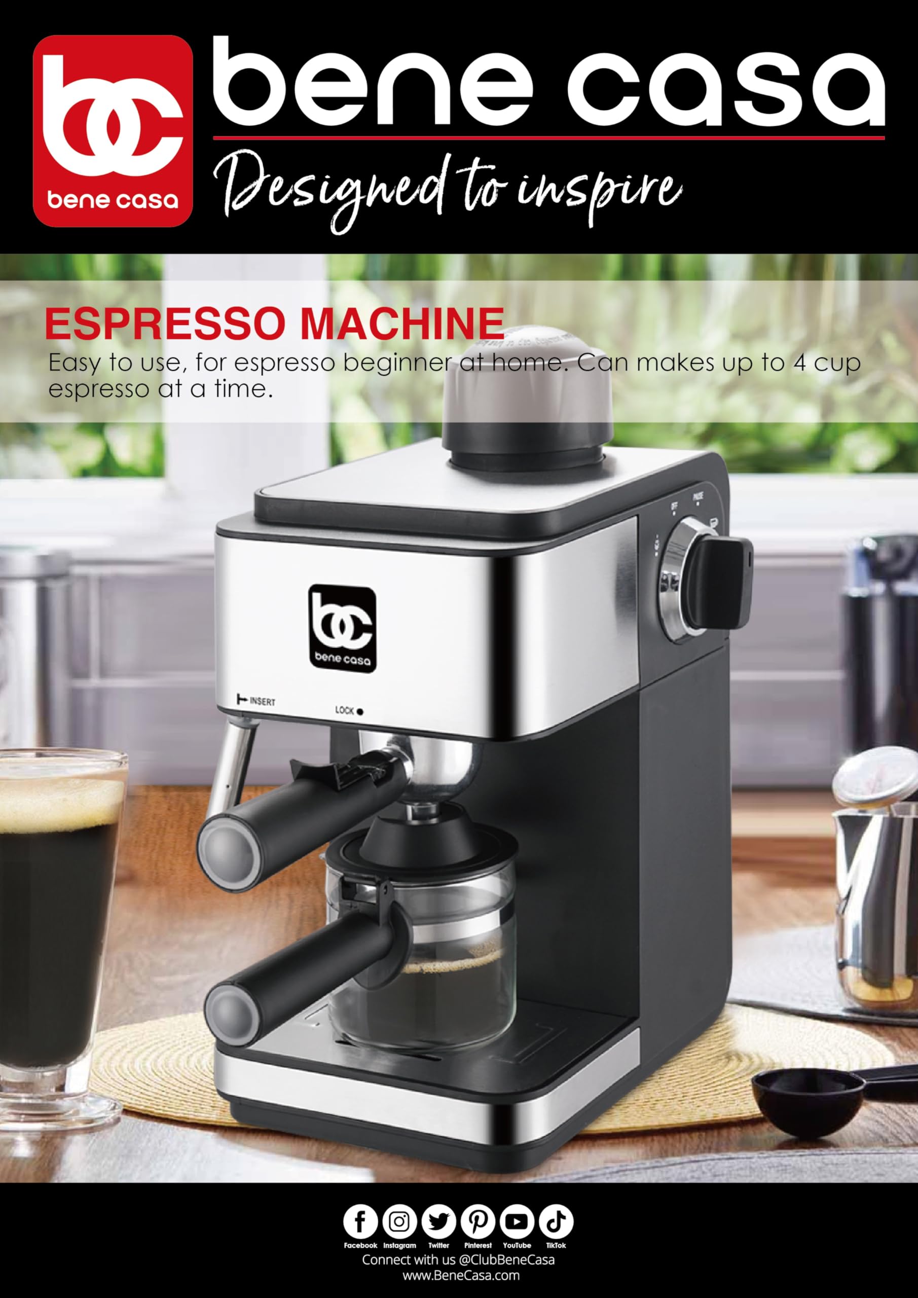 Bene Casa BC-99189 4-Cup Stovetop Espresso Maker - Perfect for Home, Office & Camping Coffee Brewing