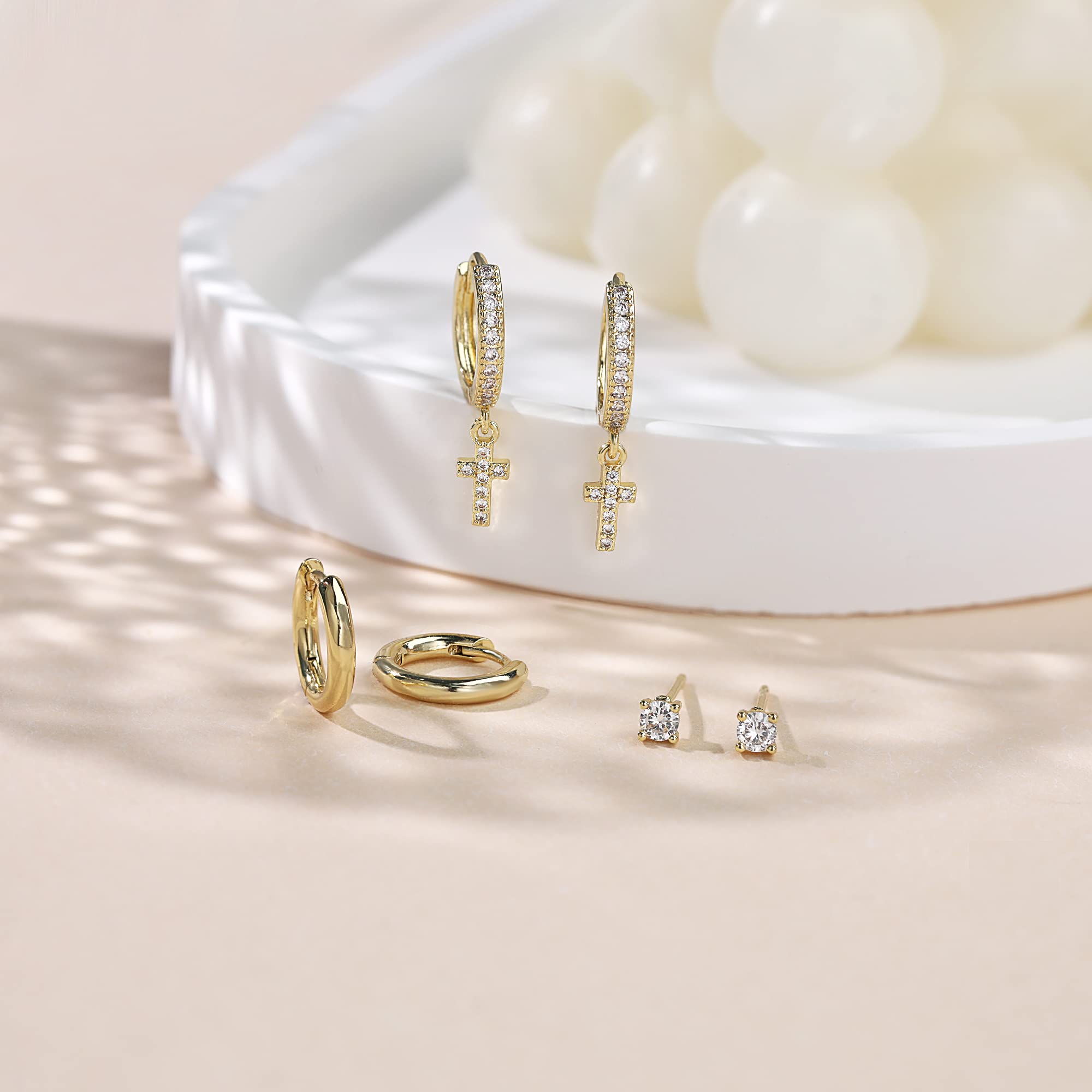 3 Pairs 14K Gold Plated Hoop Earrings Set - Dainty Small Huggie, Cartilage & Dangle Earrings for Women | Hypoallergenic Trendy Jewelry | Perfect Gift for Her, Everyday Wear & Special Occasions