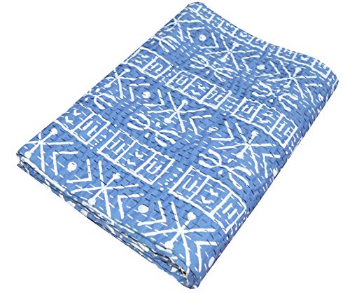 Handmade Indian Kantha Quilt - 100% Cotton Soft Patchwork Blanket for Bed, Sofa & Decor | Traditional Blue Throw Bedspread for Cozy Home, Living Room & Guest Room | Perfect for Gifts, Yoga & Meditation Spaces