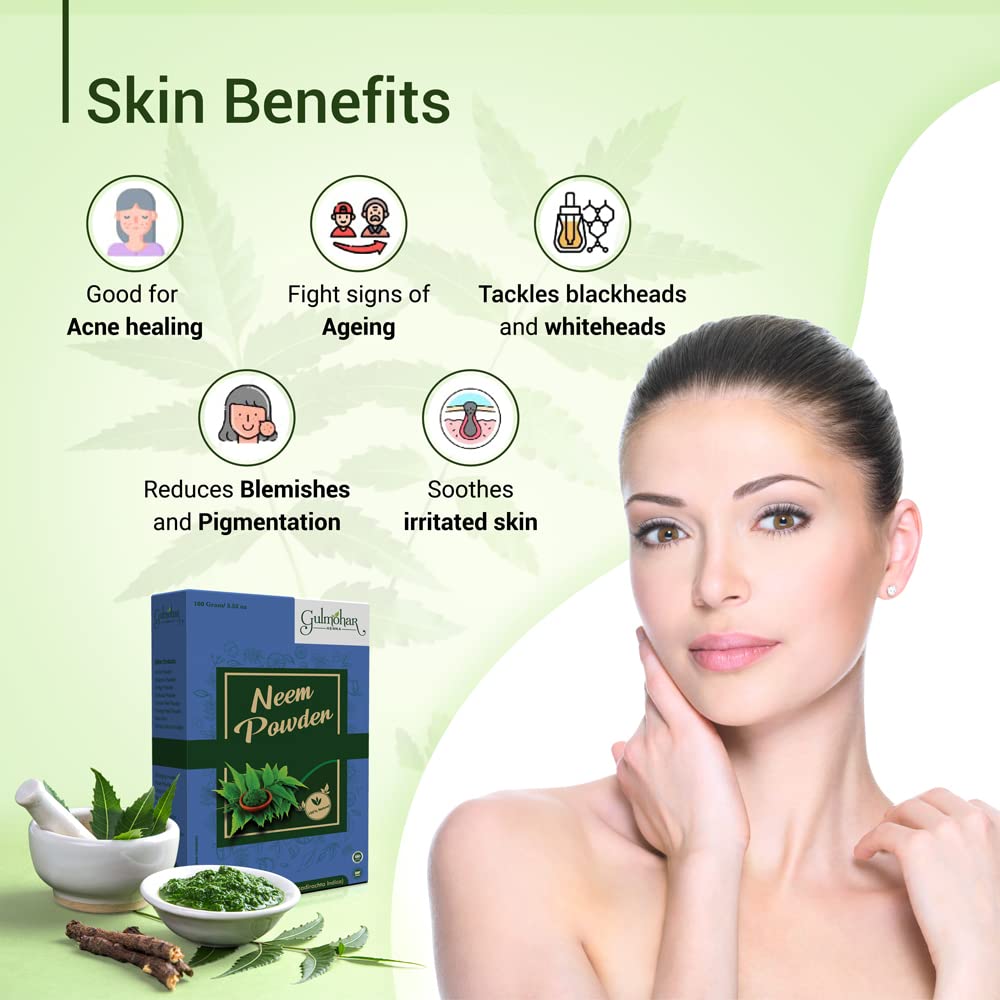 Gulmohar Natural Neem Powder for Hair Cleansing & Acne-Free Clear Skin - 100g | Organic Ayurvedic Treatment for Dandruff, Scalp Care & Face Mask