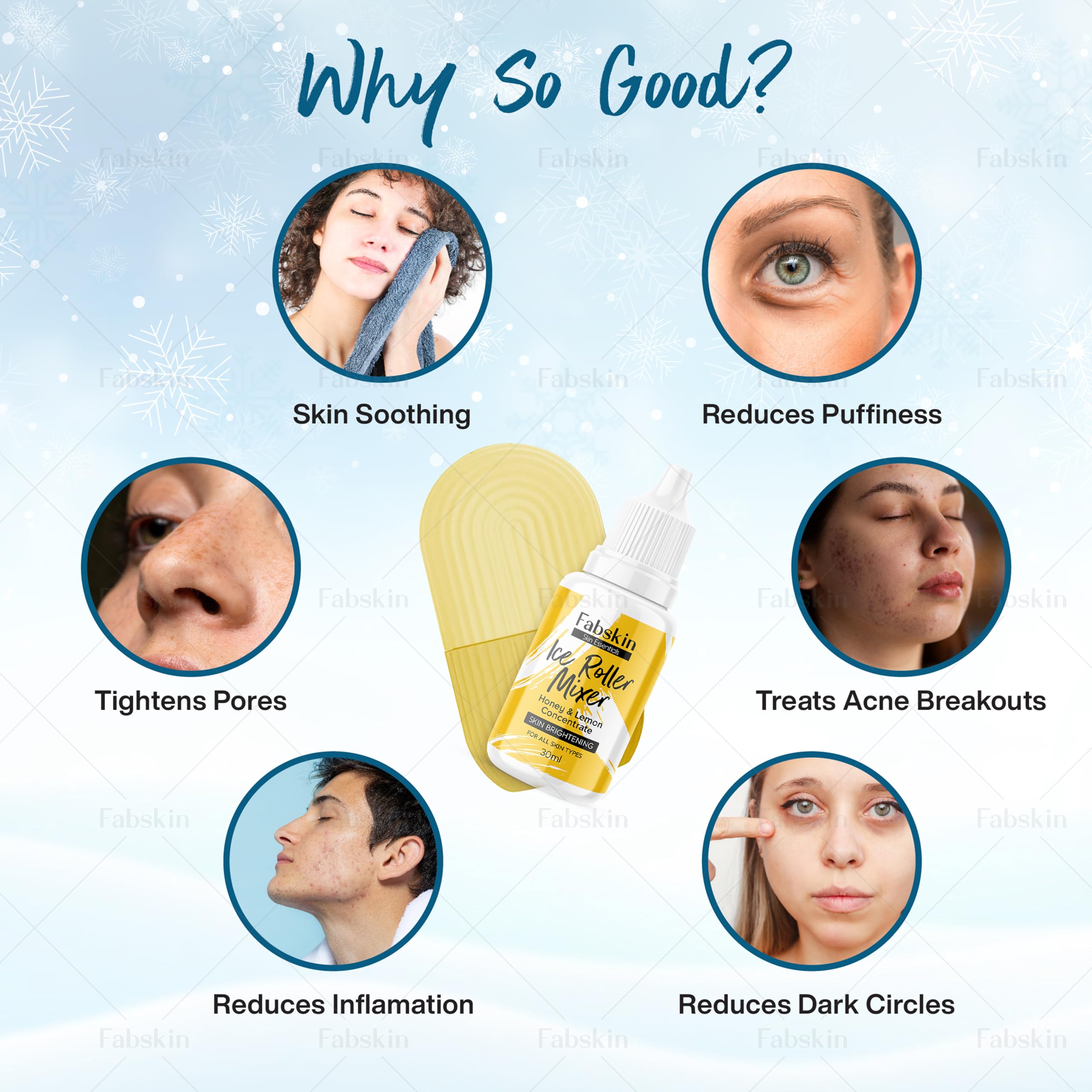 Fabskin Ice Roller for Face, Neck & Body - Cooling Facial Massager with Lemon Honey Serum (30ml) | Skin Soothing & Moisturizing Ice Cube Roller Kit for Men & Women | Perfect for Puffiness Relief, Post-Workout Recovery & Morning Skincare Routine