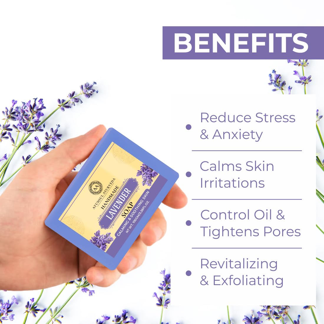 Ayusoul Ayurveda Herbal Lavender Bath Soap - 100% Natural, Soothing & Moisturizing for Dry & Sensitive Skin (Pack of 4) - Perfect for Relaxing Bath, Spa Day & Aromatherapy at Home