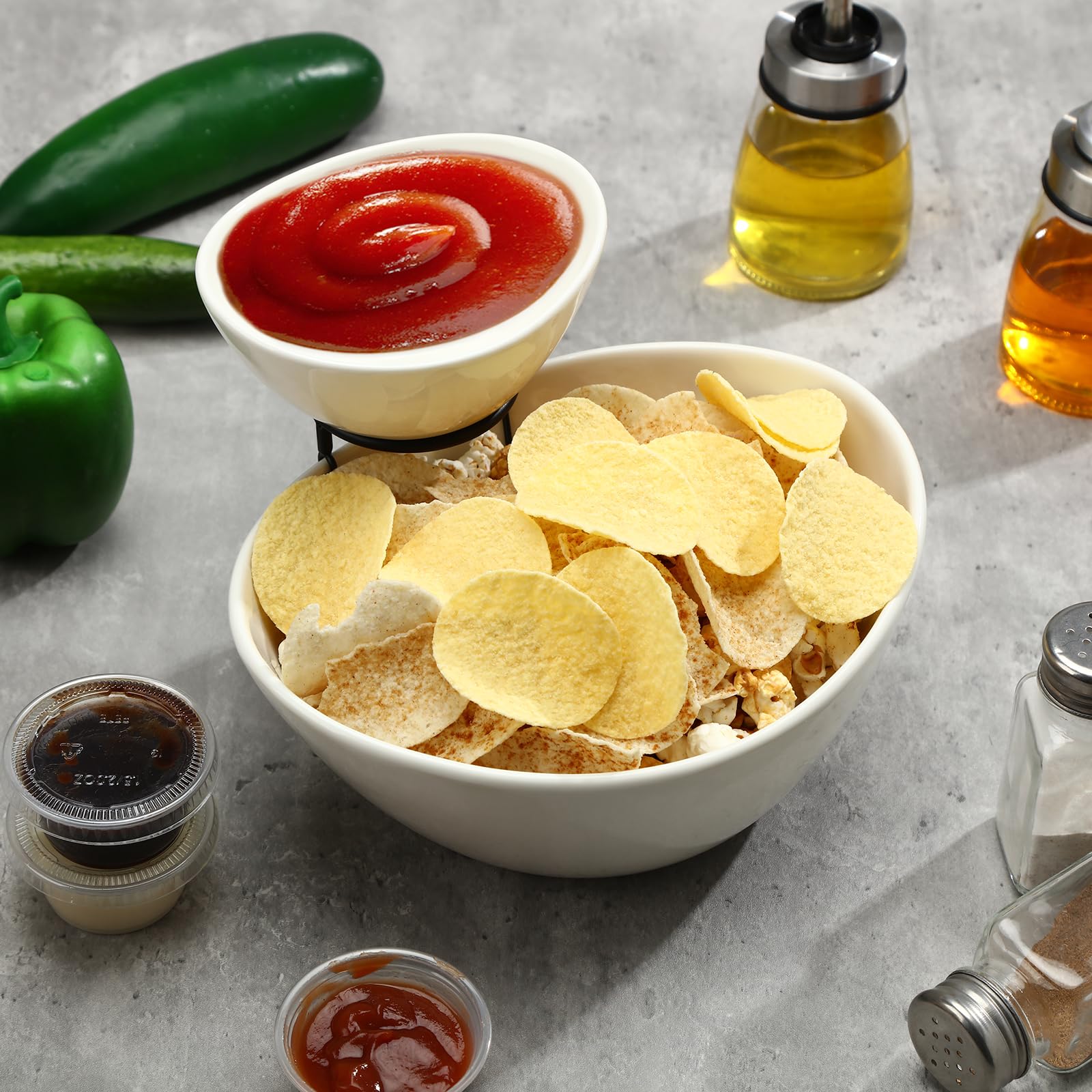 2-Tier Porcelain Chip & Dip Bowl Set for Parties, Appetizers, Salads