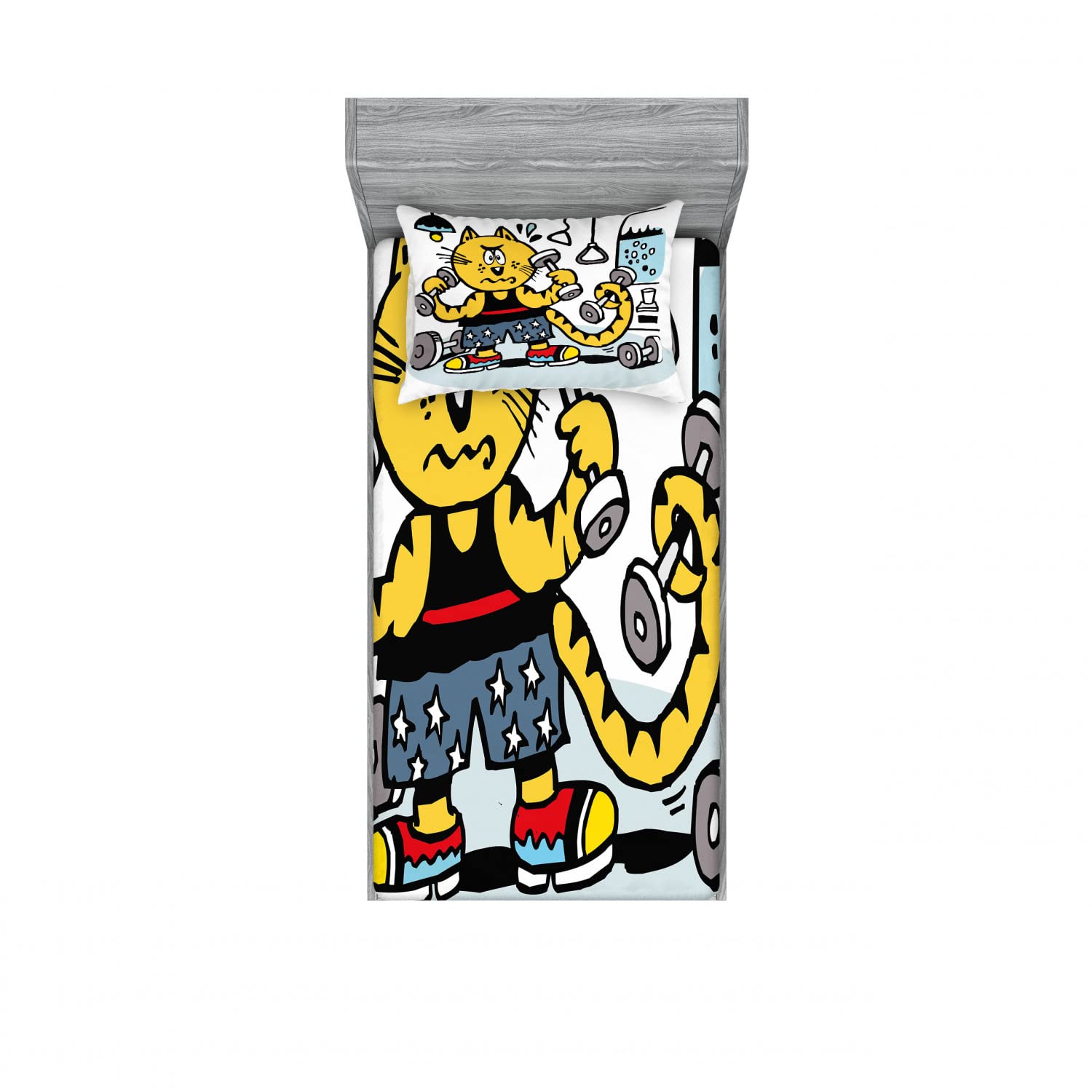 Ambesonne 2-Pack Twin XL Fitted Sheets & Pillow Sham Set - Cartoon Cat Lifting Gym Design, 4-Piece Bedding Set for Fitness Enthusiasts | Perfect for Dorm Rooms, Home Gym Decor & Themed Bedrooms