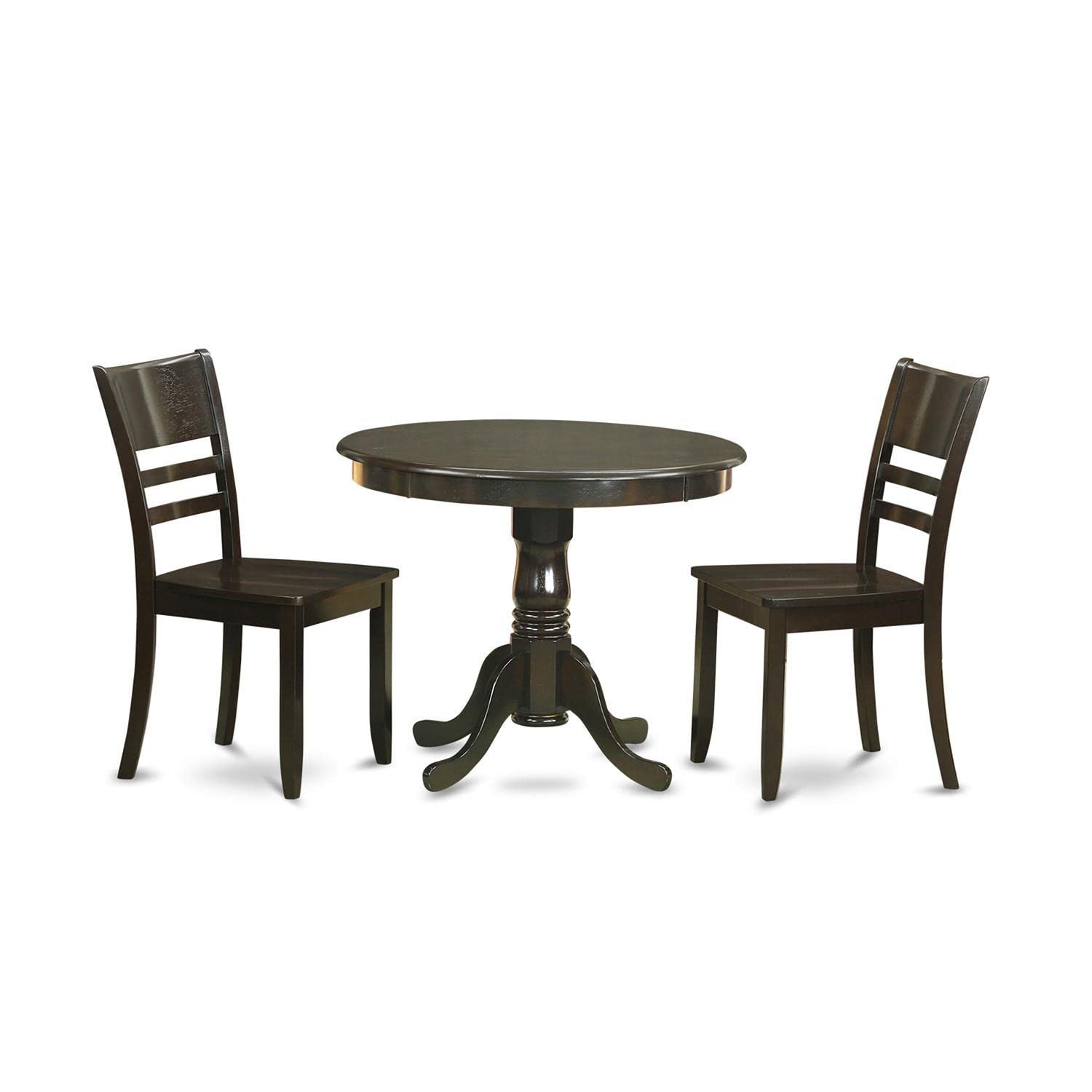East West Furniture ANLY3-CAP-W 3-Piece Round Kitchen Table & Chairs Set with Pedestal Base - 36x36 Inch Cappuccino Finish - Perfect for Small Dining Rooms, Breakfast Nooks, and Apartment Living