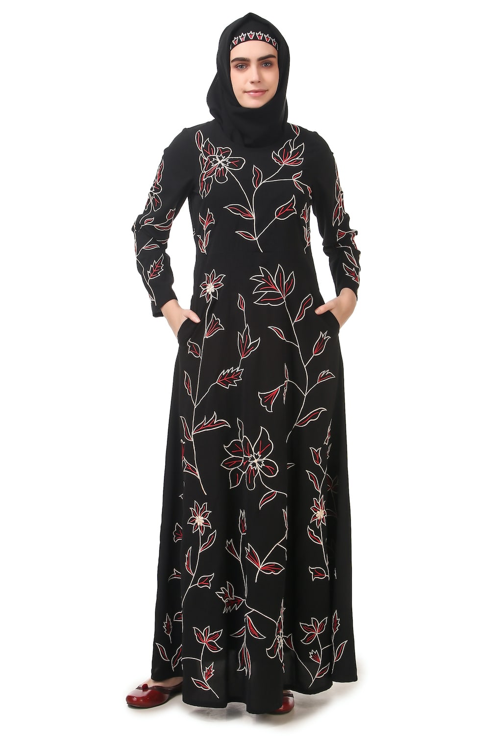 Elegant All Over Floral Embroidered Semi Circular Abaya Dress for Women - Perfect for Eid, Ramadan, Wedding & Special Occasions