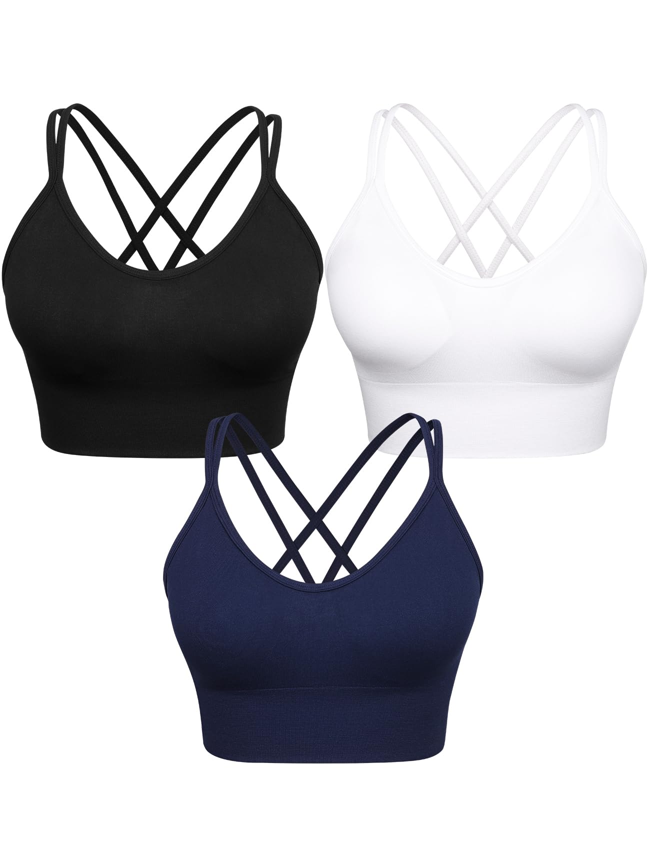 VEQKING Women's Cross Back Sports Bra - Medium Support Seamless Yoga Bra with Removable Pads - 3 Pack Workout Fitness Tops for Running, Gym & Active Lifestyle