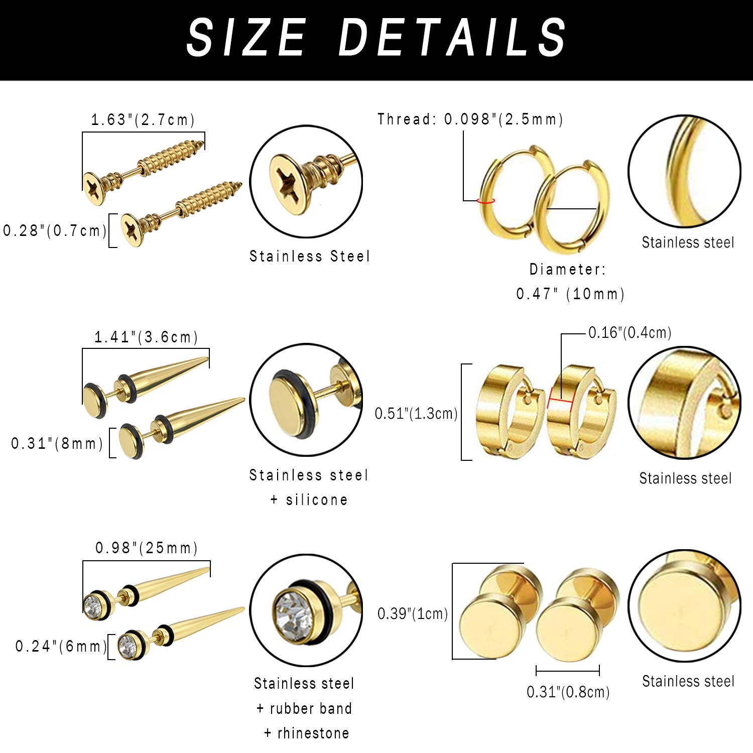 Aroncent 6 Pairs Stainless Steel Small Hoop Earrings for Men & Women - Fake Gauges & Spike Earrings Set | Hypoallergenic, Lightweight & Durable | Perfect for Daily Wear, Parties & Gifts