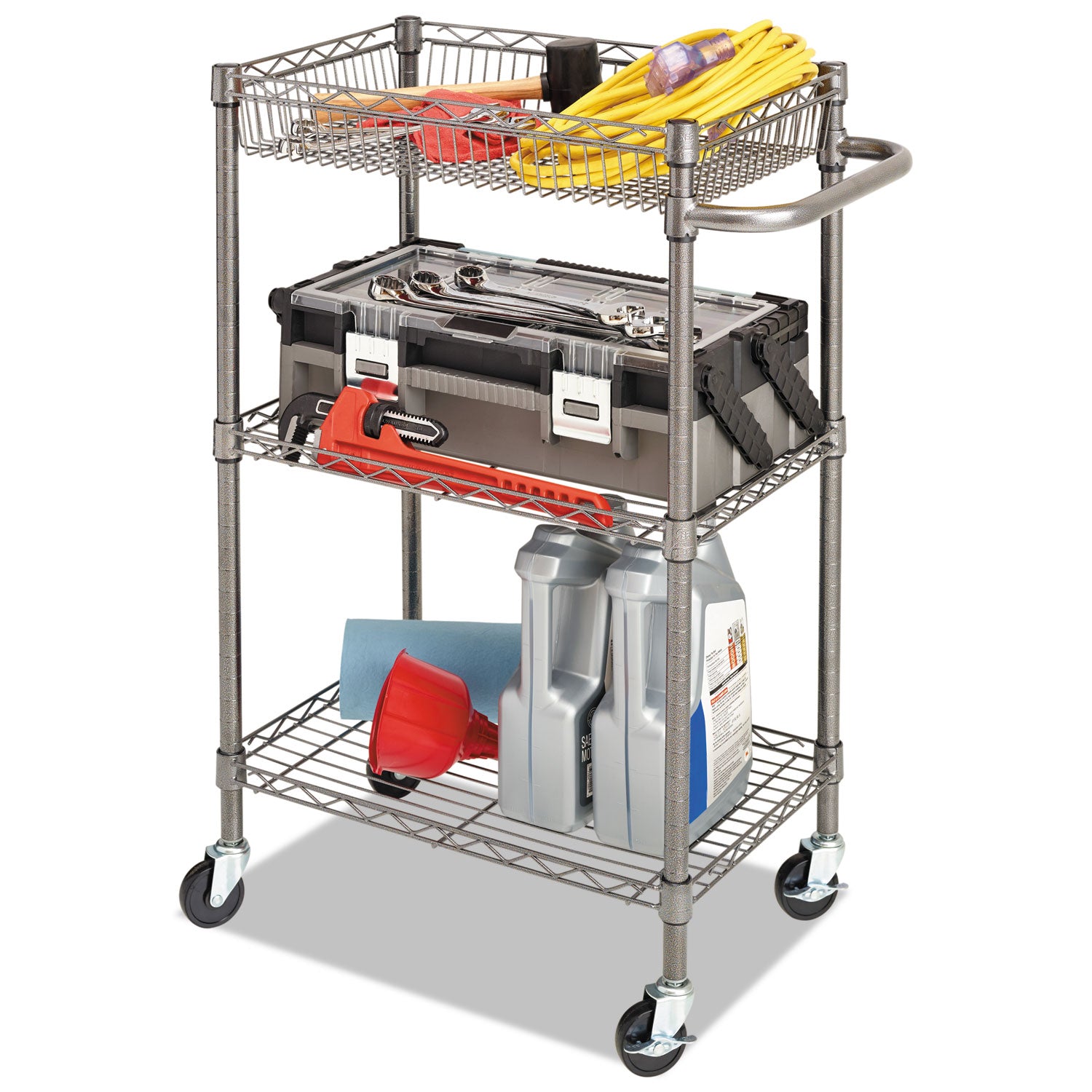 Alera® 3-Tier Heavy Duty Wire Utility Cart with Storage Basket - 500 lb Capacity Metal Rolling Cart, 28