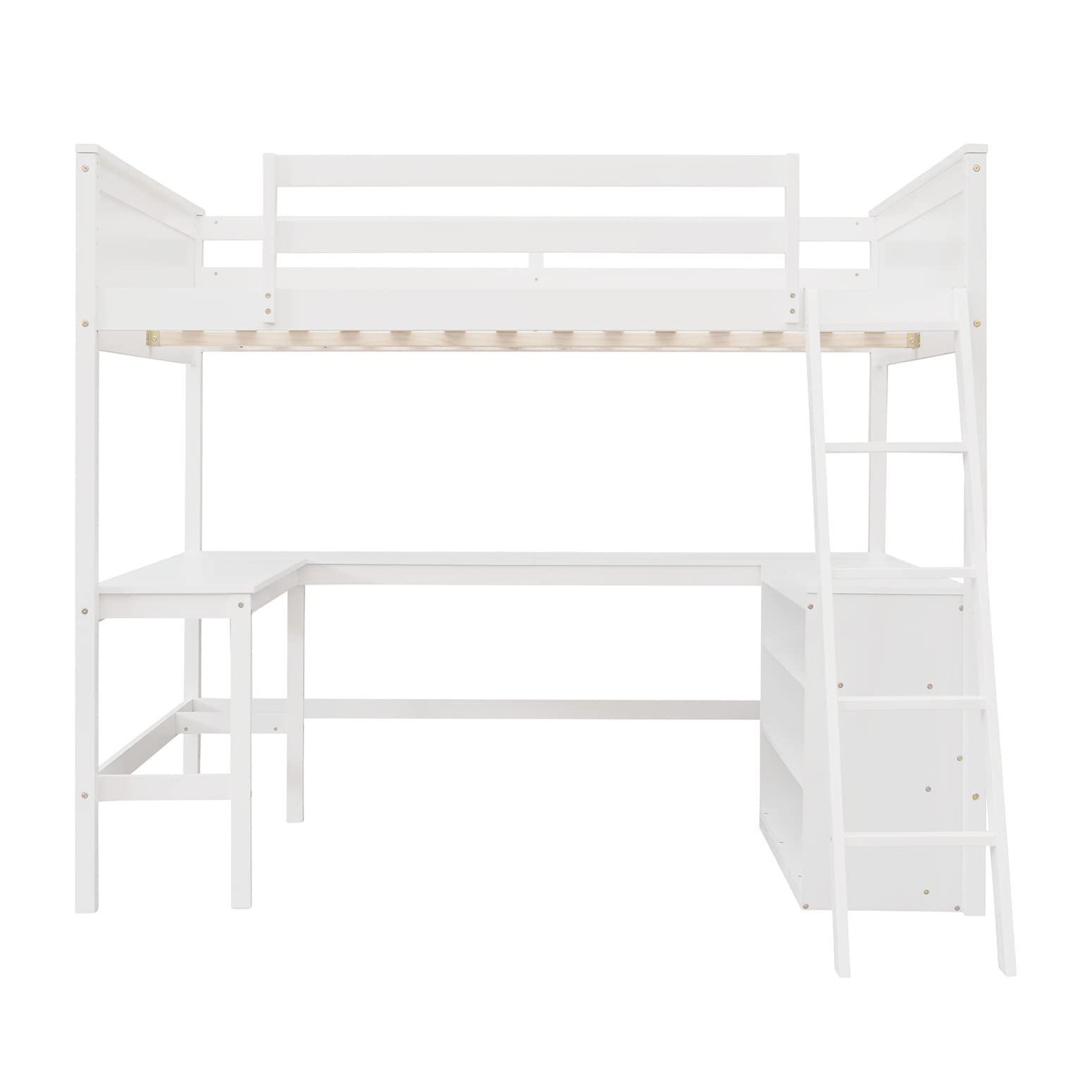 Full Loft Bed with Desk & Storage Shelves - Sturdy Wooden Bunk Bed with Bookcase for Kids, Teens & Adults - Space-Saving Dorm Furniture for Small Rooms - White