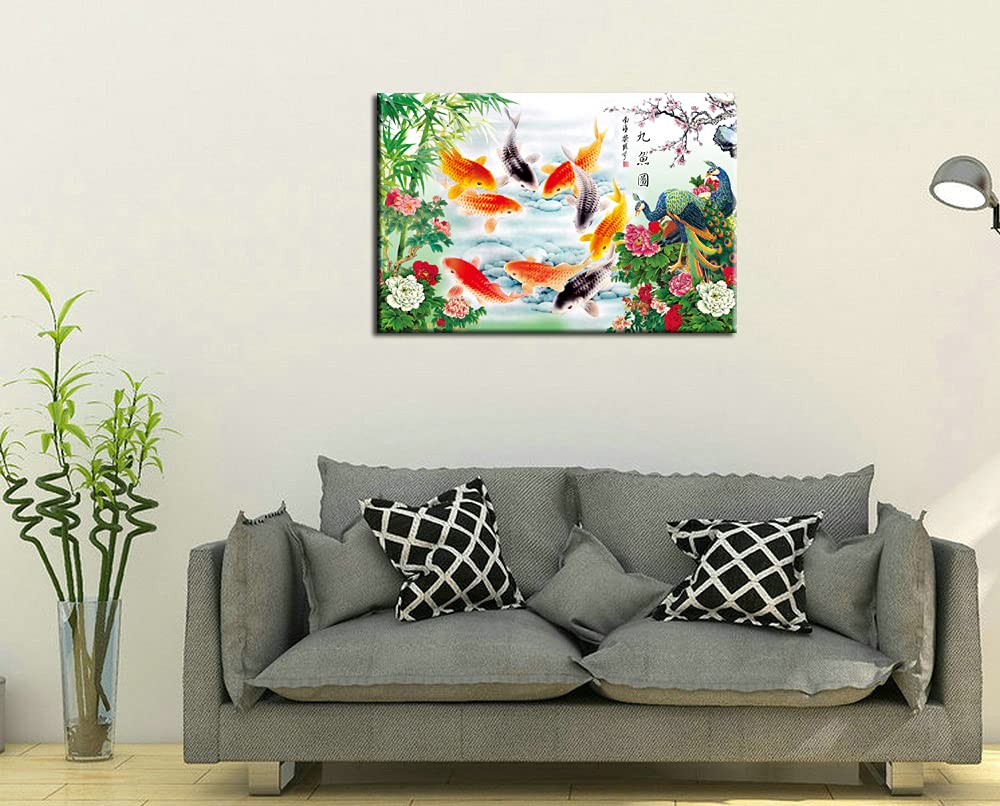 HYLOVE FISH Art - Chinese Style Feng Shui Koi Fish & Peacock Bamboo Painting, Stretched Canvas Wall Art Home Decor (24x16 Inch) - Perfect for Living Room, Bedroom, Office & Zen Meditation Space