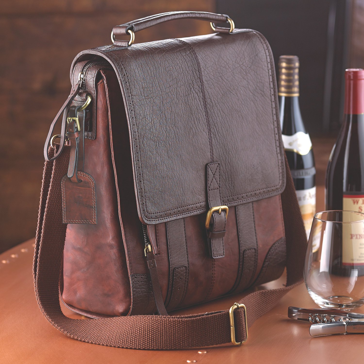 Premium Handcrafted 3-Bottle Leather Wine Tote Bag with Dividers - Secure Buckle & Zipper Closure - Portable Wine Carrier for Picnics, Travel, Parties & Gifts - Ideal for Wine Lovers, Outdoor Events & Elegant Entertaining