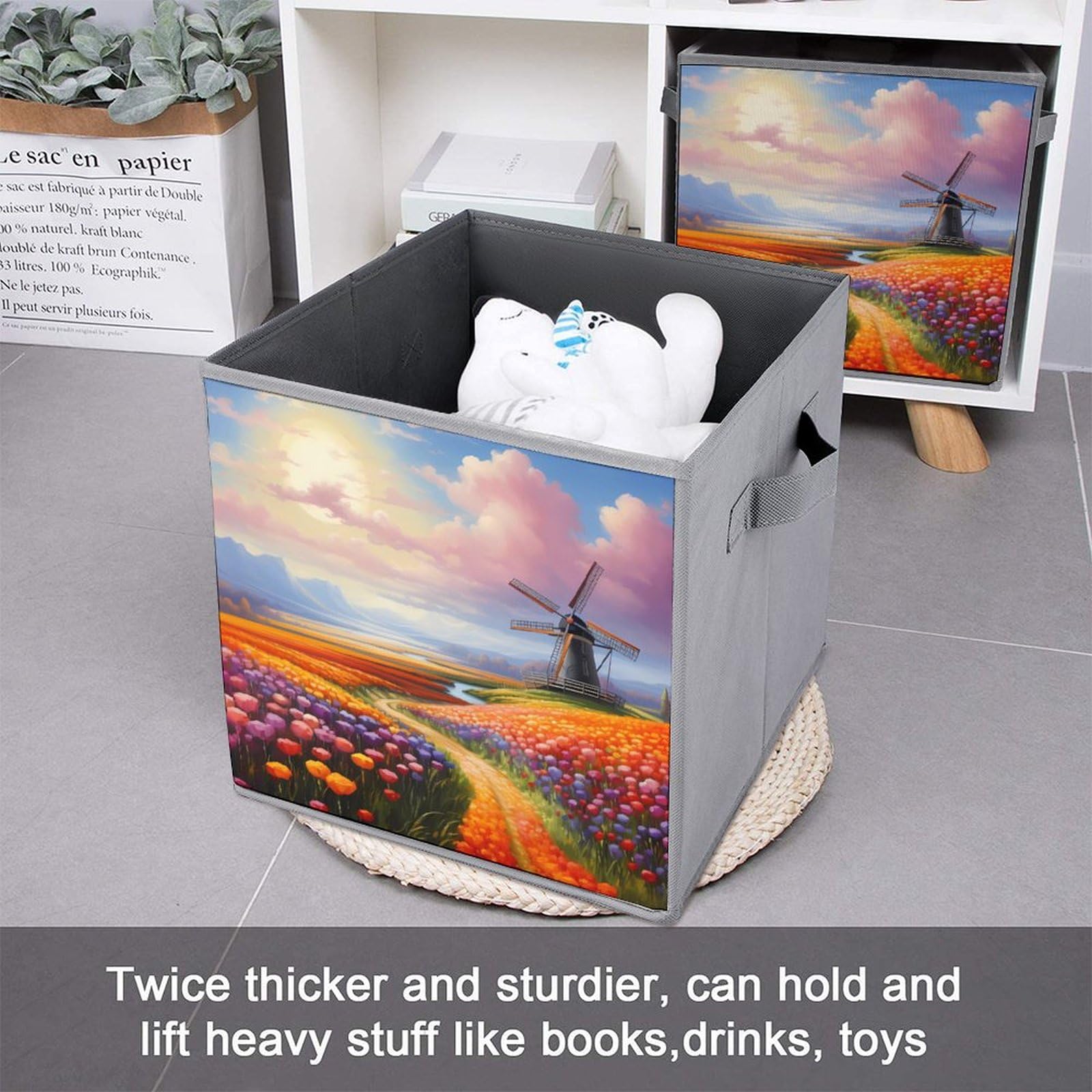 Dutch Windmills Tulips Foldable Storage Cubes - 6 Pack Collapsible Fabric Bins with Handles for Home, Office, Nursery & Closet Organization - Stylish Square Storage Baskets for Toys, Books & Laundry