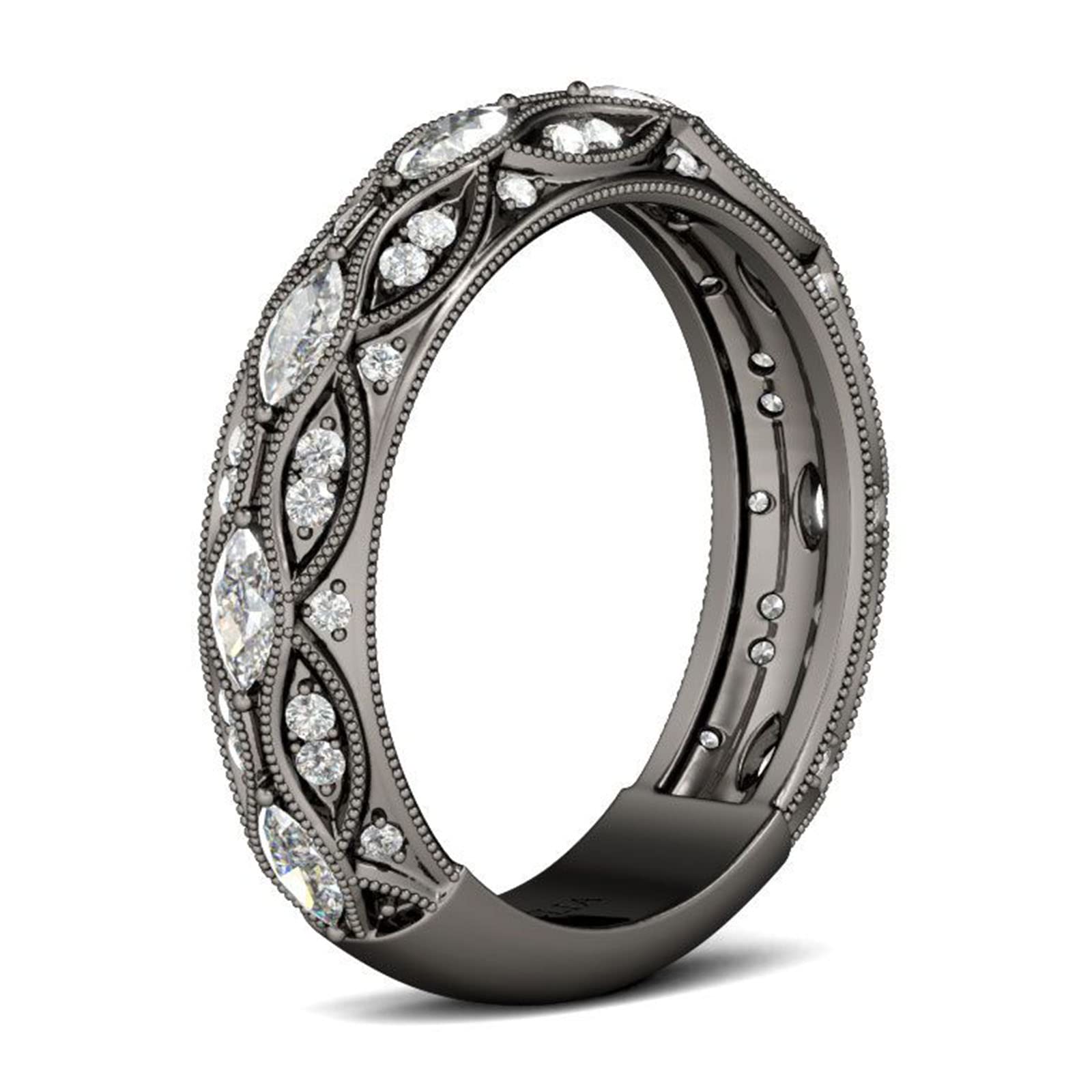 Jeulia Black Sterling Silver Men's Wedding Band Ring with Marquise Cut Diamond & Cubic Zirconia - Gothic Style Engagement, Anniversary Jewelry for Women - Perfect for Proposals, Weddings & Special Occasions - Includes Gift Box