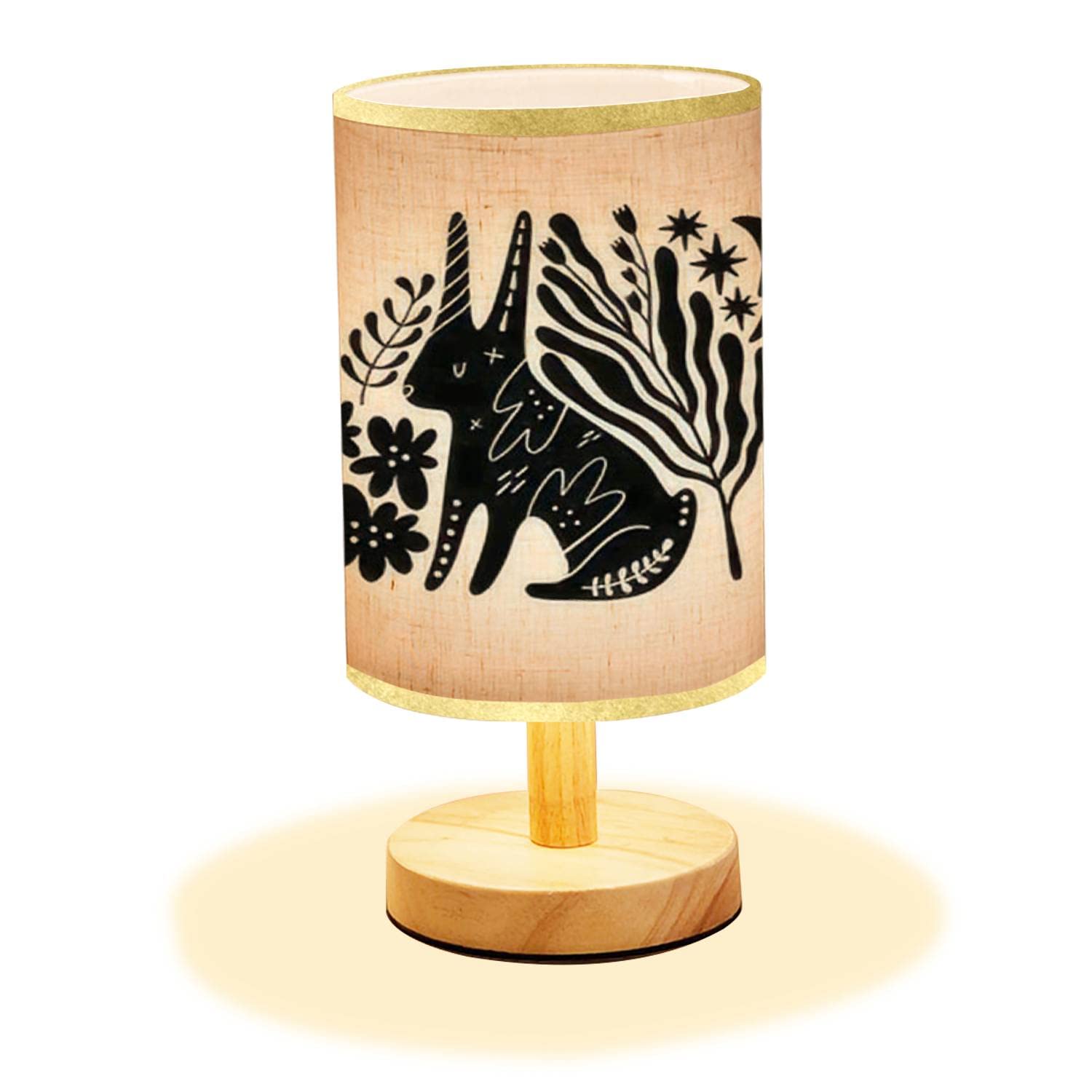 Minimalist Woodland Animal Nightstand Lamp - Handcrafted Hare/Bunny Drawing on Wood Base with Flaxen Fabric Shade for Bedroom & Living Room | Rustic Folk Decor, Cozy Reading Light, Perfect Gift for Nature Lovers