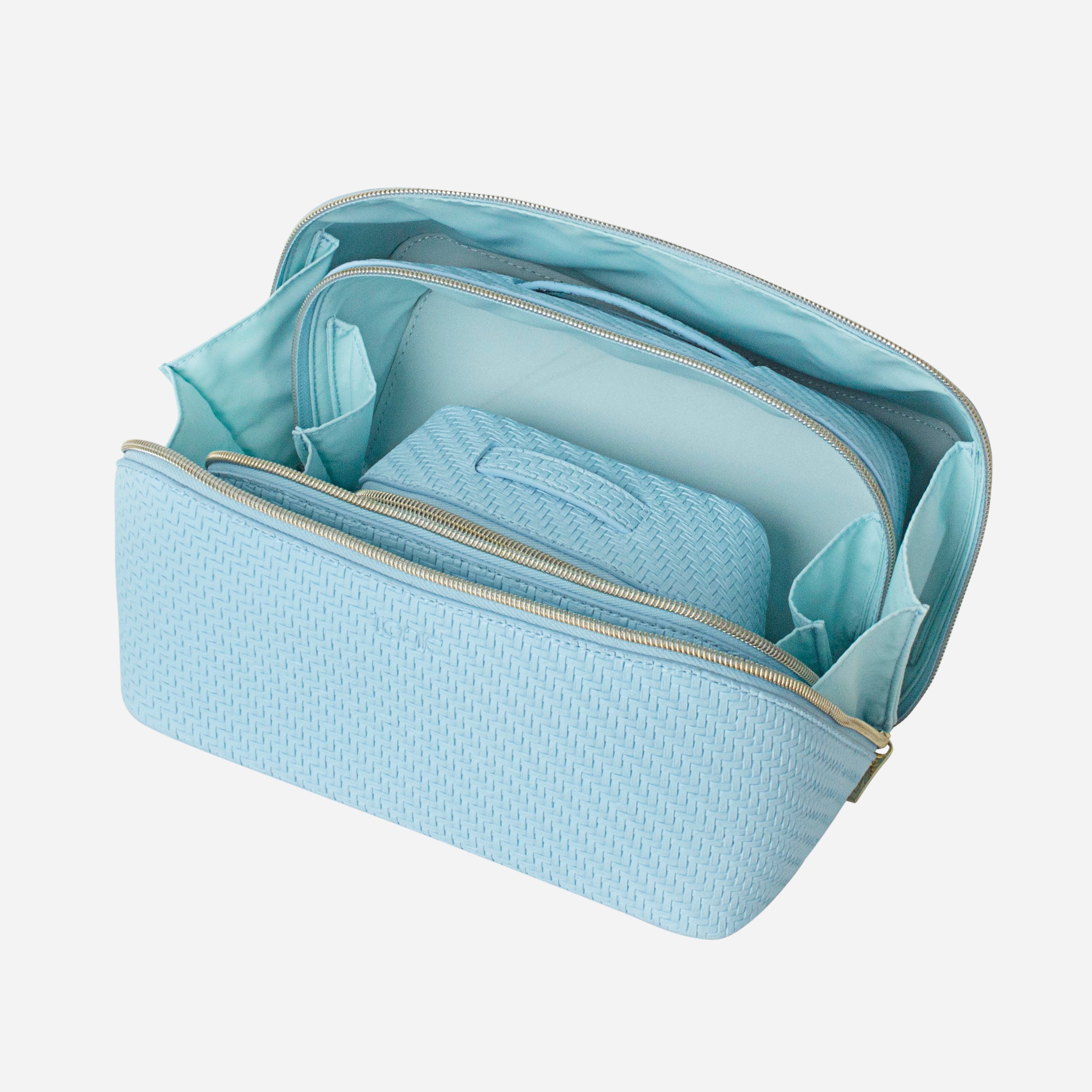 3-Piece Herringbone Pattern Cosmetic Bags Set | Elegant Bluebell Color | Perfect for Travel, Gym & Daily Makeup Organizer