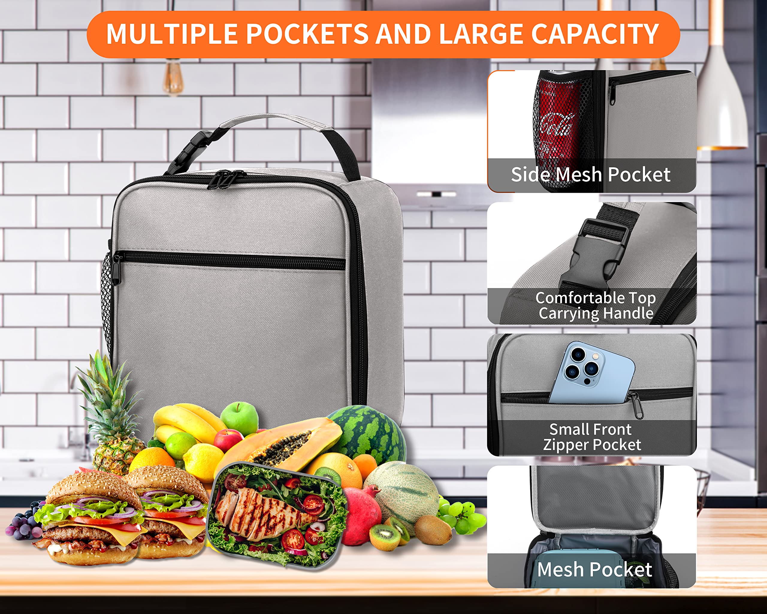 Insulated Lunch Box for Men & Women - Reusable Small Lunch Bag with Thermal Insulation - Perfect for Office, School, Picnics & Outdoor Activities (Light Gray)