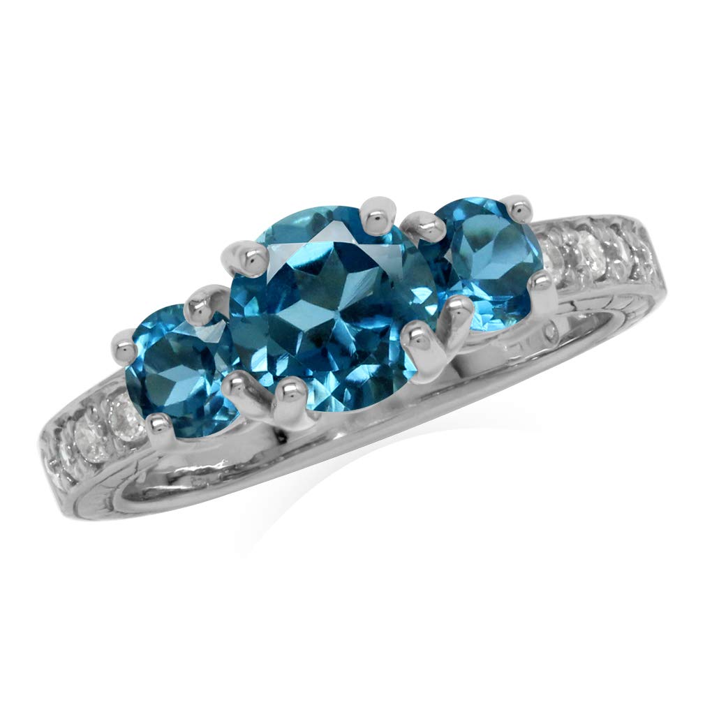 1.56ct Genuine London Blue & White Topaz 3 Stone Sterling Silver Ring - Size 6 | Elegant Wedding, Engagement & Anniversary Jewelry Gift for Women