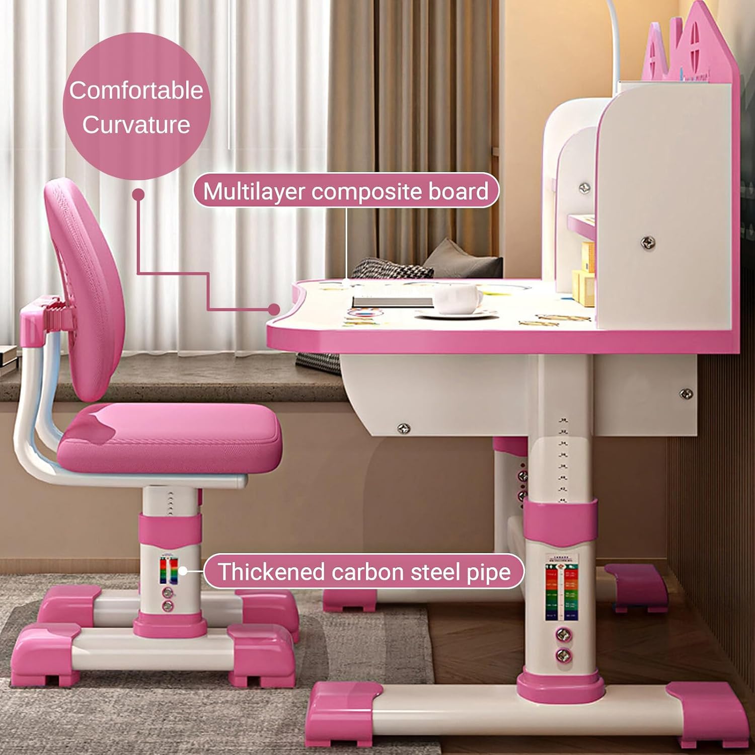 Pink Adjustable Height Kids Desk and Chair Set with Drawers & Storage - Cartoon Pattern Study Desk for Girls, Ergonomic Curved Desktop for School & Homework - Perfect for Bedroom, Homeschooling & Online Learning