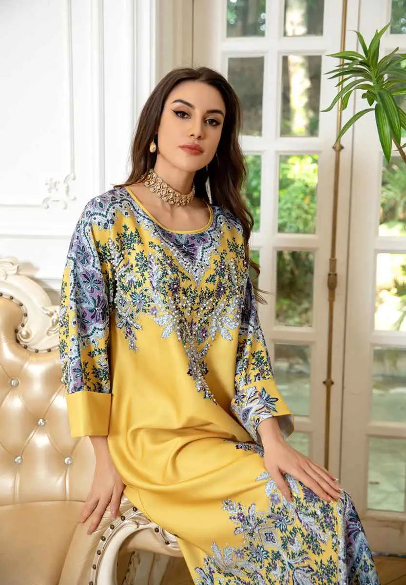 Hotfix Rhinestone Eid Caftan Dress for Women - Elegant Kaftan Jalabiya for Parties, Weddings & Special Occasions