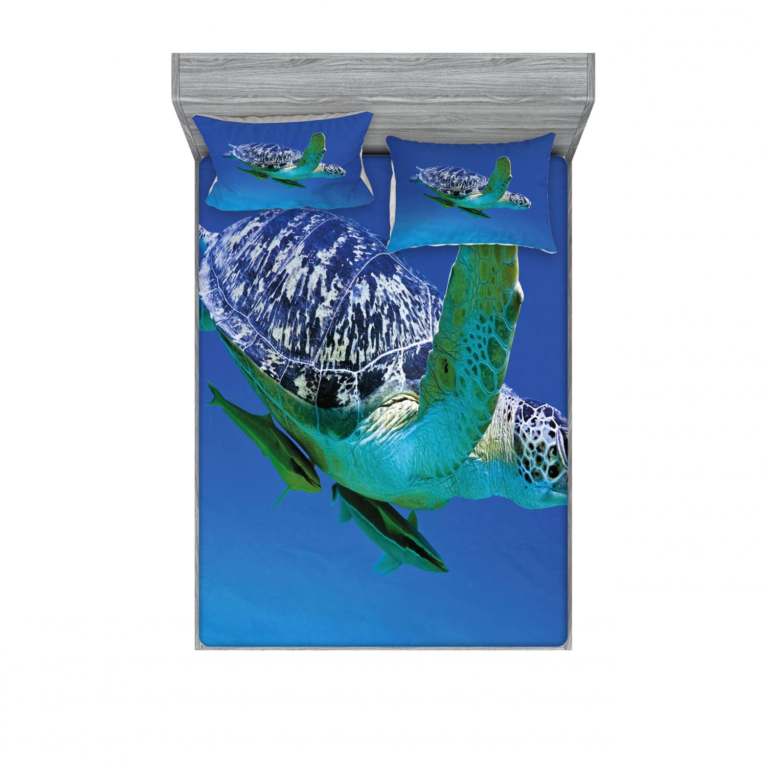 Ambesonne 2-Pack Queen Size Fitted Sheet & Pillow Sham Set - Tropical Turtle Aquarium Design, 4-Piece Bedding Set in Violet Blue & Fern Green | Perfect for Beach House, Guest Room & Coastal Themed Decor
