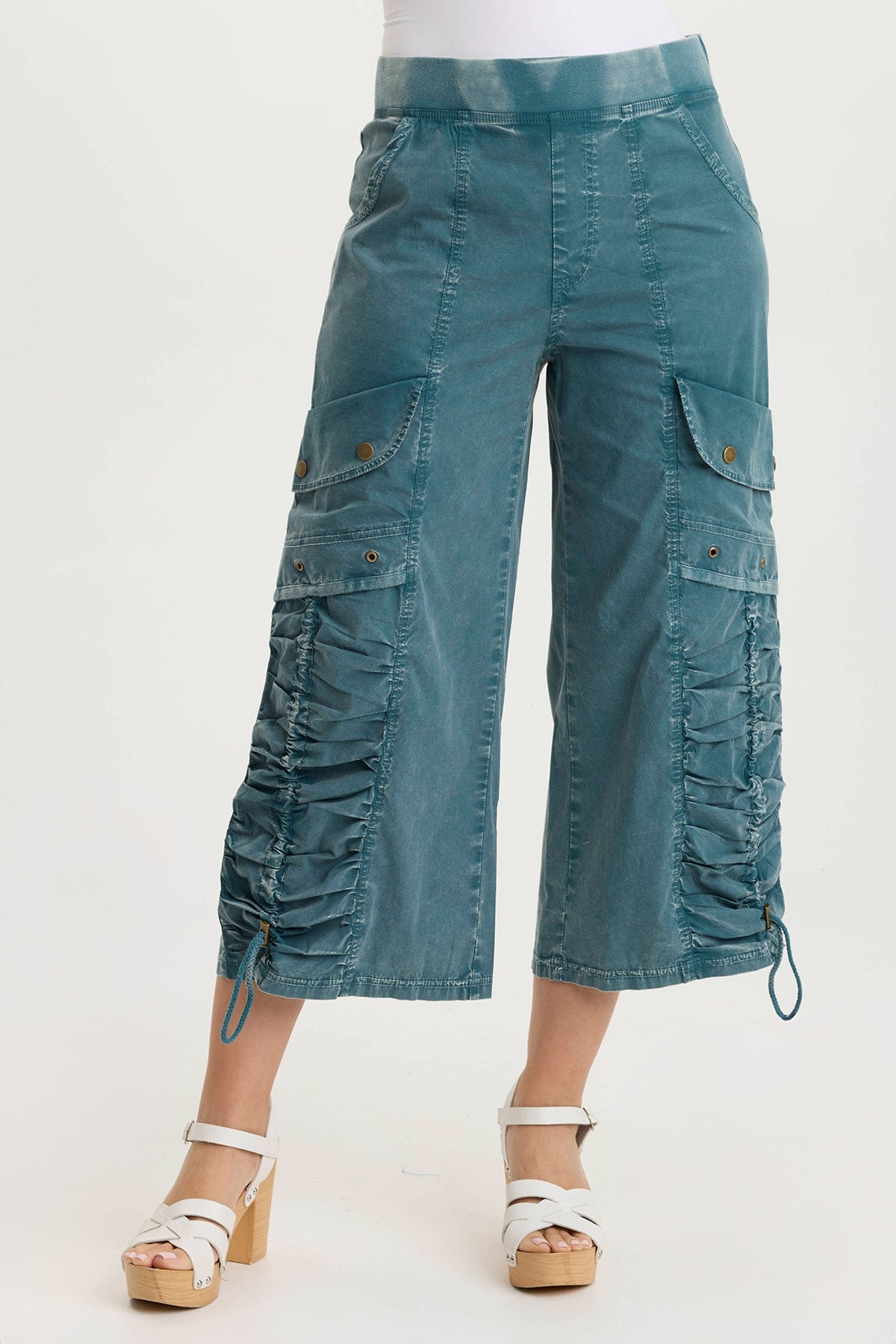 Muldoon Women's Poplin Ruched Wide Leg Crop Pants - Stylish High Waist Casual Trousers for Summer, Travel & Office Wear