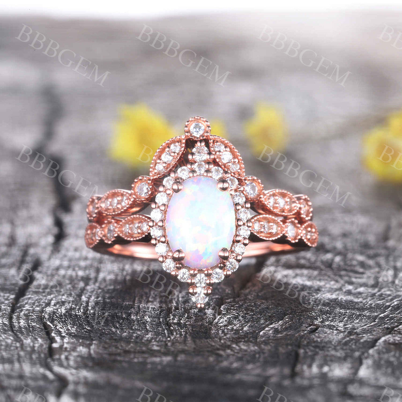 Vintage Oval White Opal Engagement Ring Set with Marquise Chevron Wedding Band & Halo Diamonds - Perfect for Proposals, Anniversaries & Bridal Jewelry Gifts