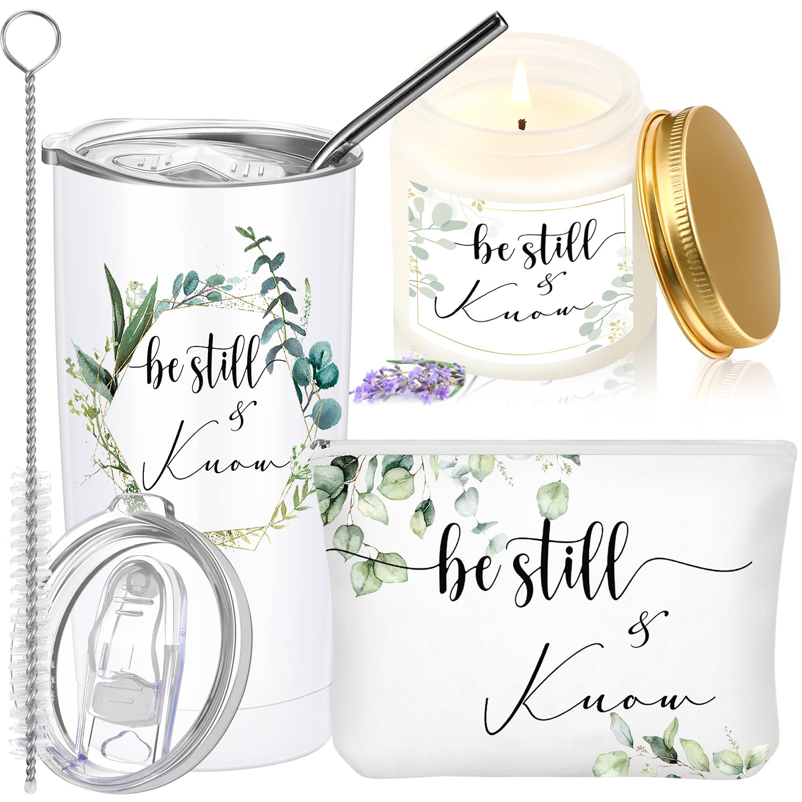 3-Piece Christian Gift Set for Women - Inspirational Bible Verse Tumbler, Prayer Candle & Cosmetic Bag - Faith-Based Gifts for Sister, Mother or Pastor's Wife - Perfect for Church Events, Bible Study & Spiritual Encouragement (Be Still and Know)
