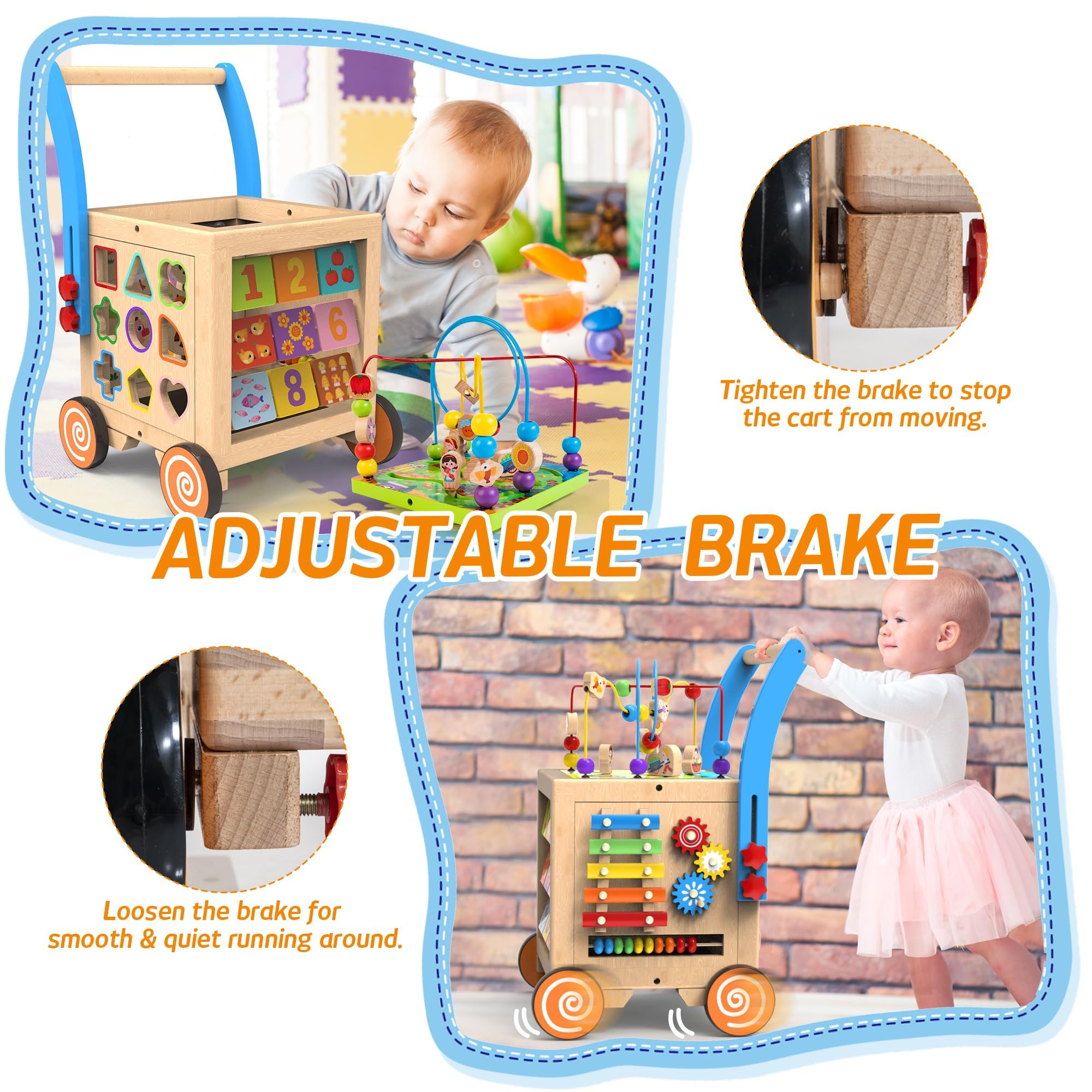 9-in-1 Wooden Activity Cube Baby Walker - Adjustable Height & Brake, Sit-to-Stand Learning Toy with Push & Pull Features for Toddlers Boys & Girls | Early Education Developmental Toy for Playroom, Nursery & Daycare