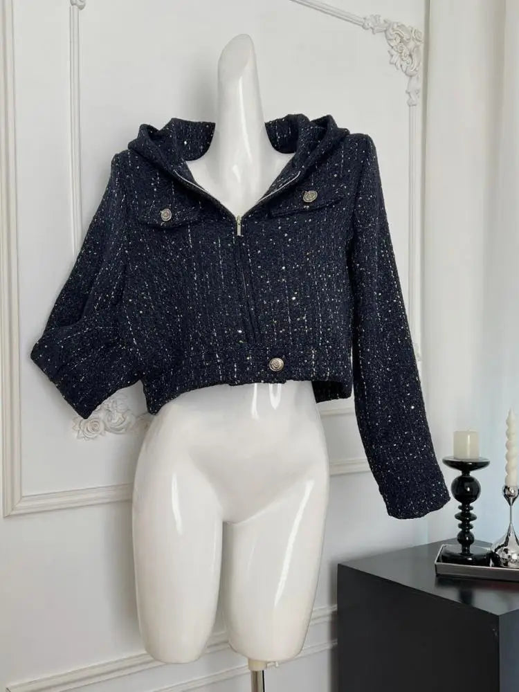 Vintage French Fashion Women's Blue Long Sleeve Hooded Zipper Jacket - Elegant Winter Coat for Ladies, Autumn Outerwear, Casual Vacation Wear & Daily Street Style