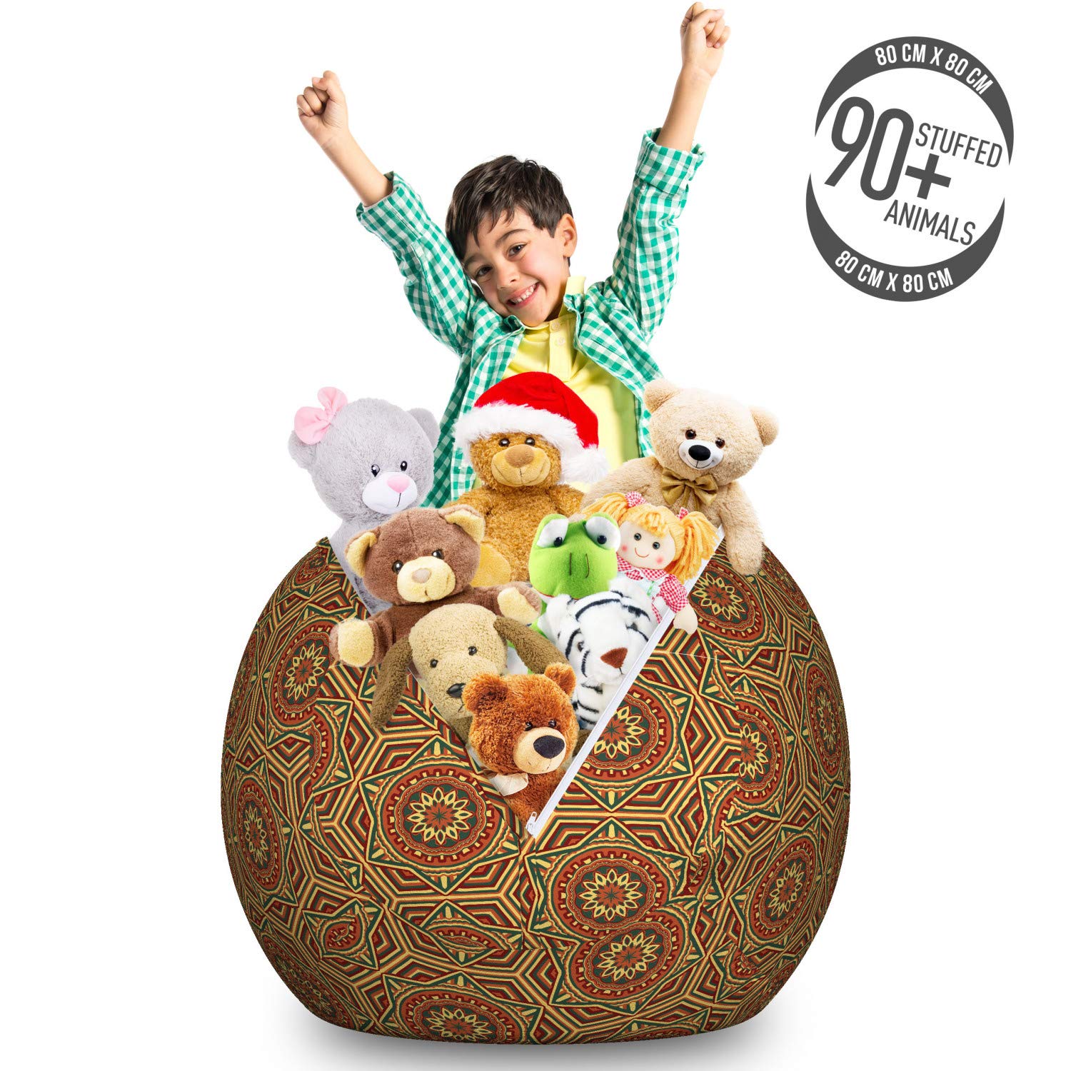 Ambesonne Oriental Toy Storage Bag Chair - Large Washable Stuffed Animal Organizer with Symmetric Colorful Antique Design in Burnt Orange & Hunter Green - Perfect for Kids' Room, Nursery, and Playroom Organization