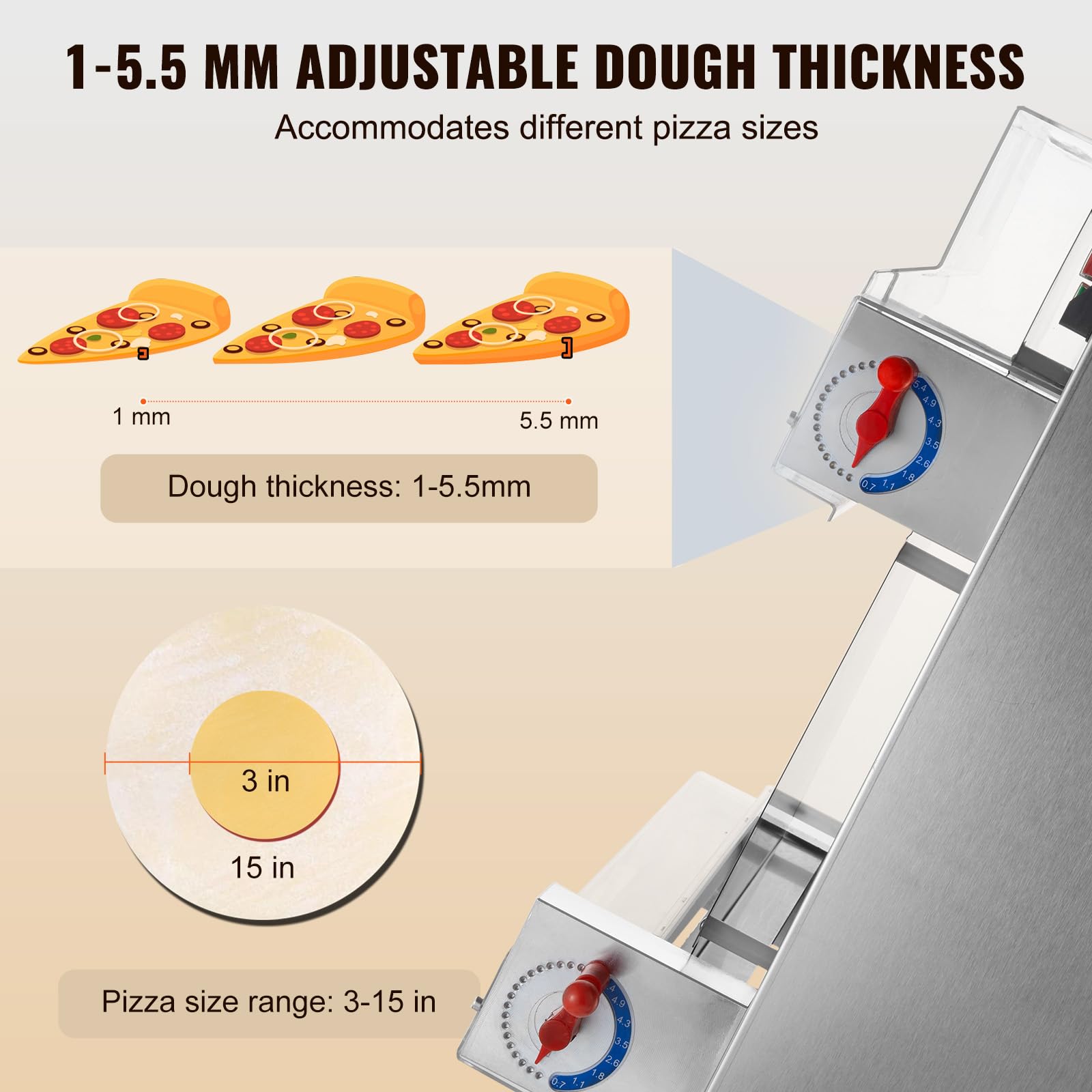 VEVOR Commercial Electric Pizza Dough Roller Sheeter Machine - 390W Stainless Steel Automatic Dough Press (3-15 Inch Adjustable Thickness, 260 Pizzas/Hour) - Perfect for Pizzerias, Bakeries & Italian Restaurants
