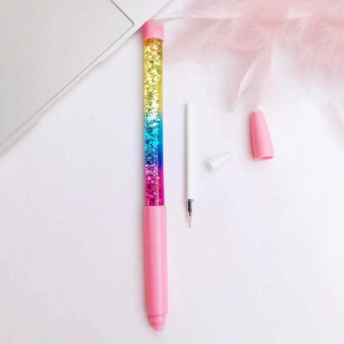 4 Pack Bling Rainbow Liquid Sand Gel Ink Pens - Glitter Fairy Stick Ballpoint Crystal Rollerball Pens for Kids Girls, Students, Office & School Supplies - Perfect for Note Taking, Journaling, Gift Giving & Creative Writing (Blue Ink)