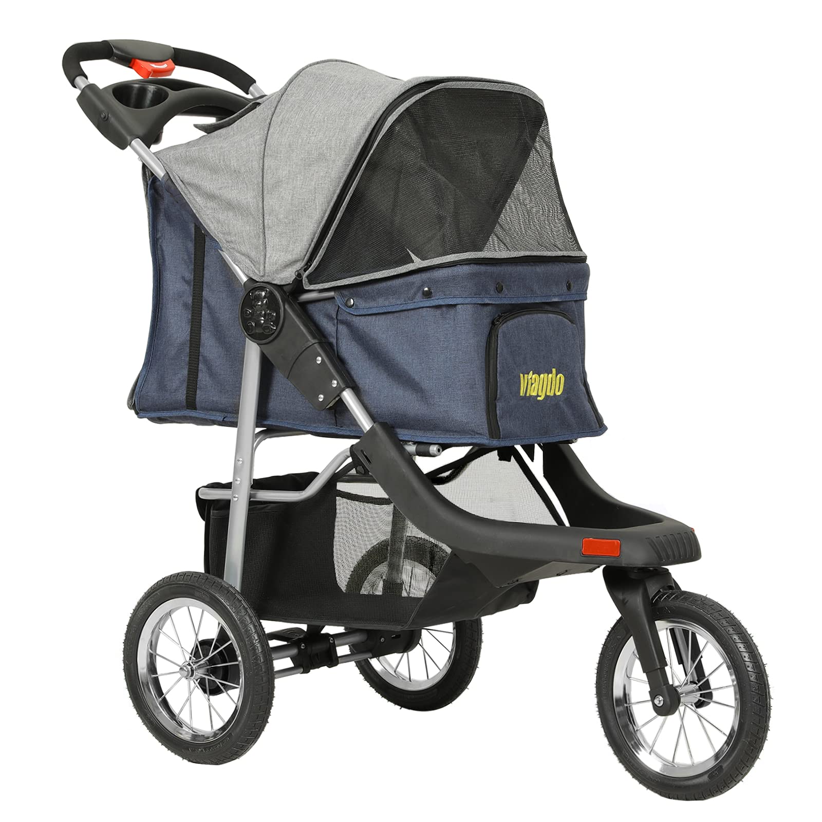 VIAGDO Premium Heavy Duty Pet Stroller for Small & Medium Dogs & Cats - 3-Wheel Foldable Dog & Cat Carrier with Suspension System, Link Brake & One-Hand Fold - Supports Up to 55 lbs (Blue & Grey) - Perfect for Vet Visits, Outdoor Walks & Travel