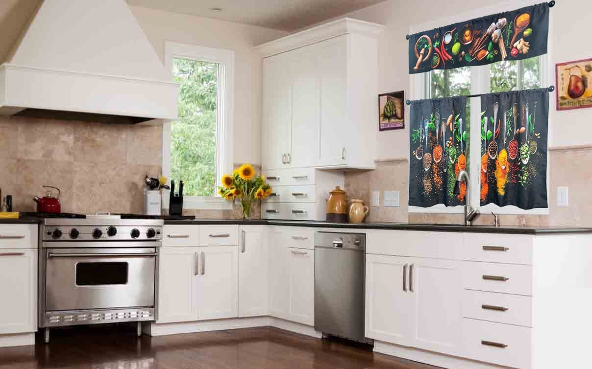UpNUpCo Artistic Spicy Kitchen Curtain Set - 3-Piece Spicy Themed Fabric Window Treatment with Valance for Mexican, Southwestern & Eclectic Home Decor - Perfect for Kitchens, Dining Rooms & Farmhouse Style Interiors