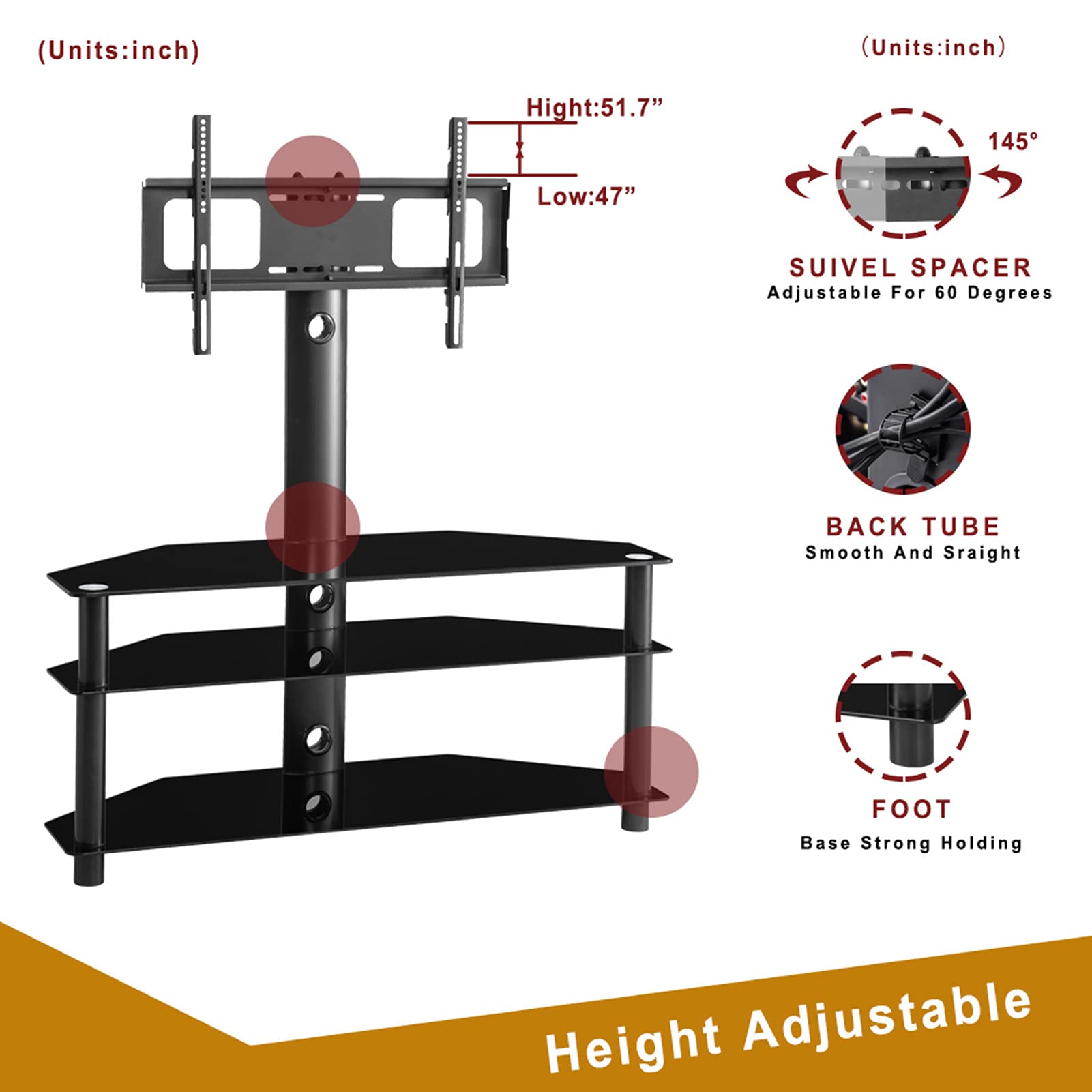 Adjustable Swivel Floor TV Stand for 32-65 Inch TVs - 3-Tier Tempered Glass Media Console with Height Adjustable Bracket - Perfect for Living Room, Bedroom & Home Theater Entertainment Setup