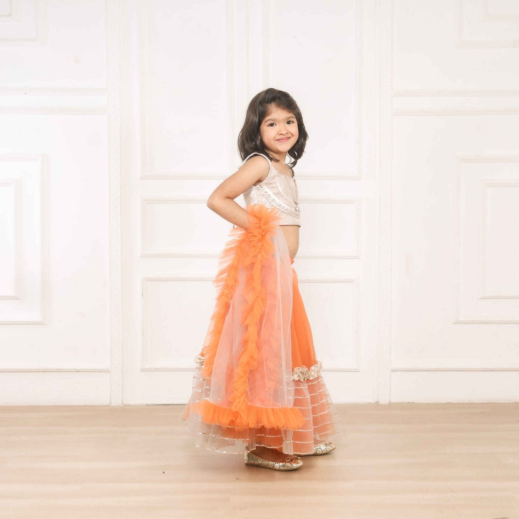 Pre Order: Kids' Brocade Orange Ghaghra Choli Set - Traditional Indian Dress for Girls, Festive & Wedding Outfit