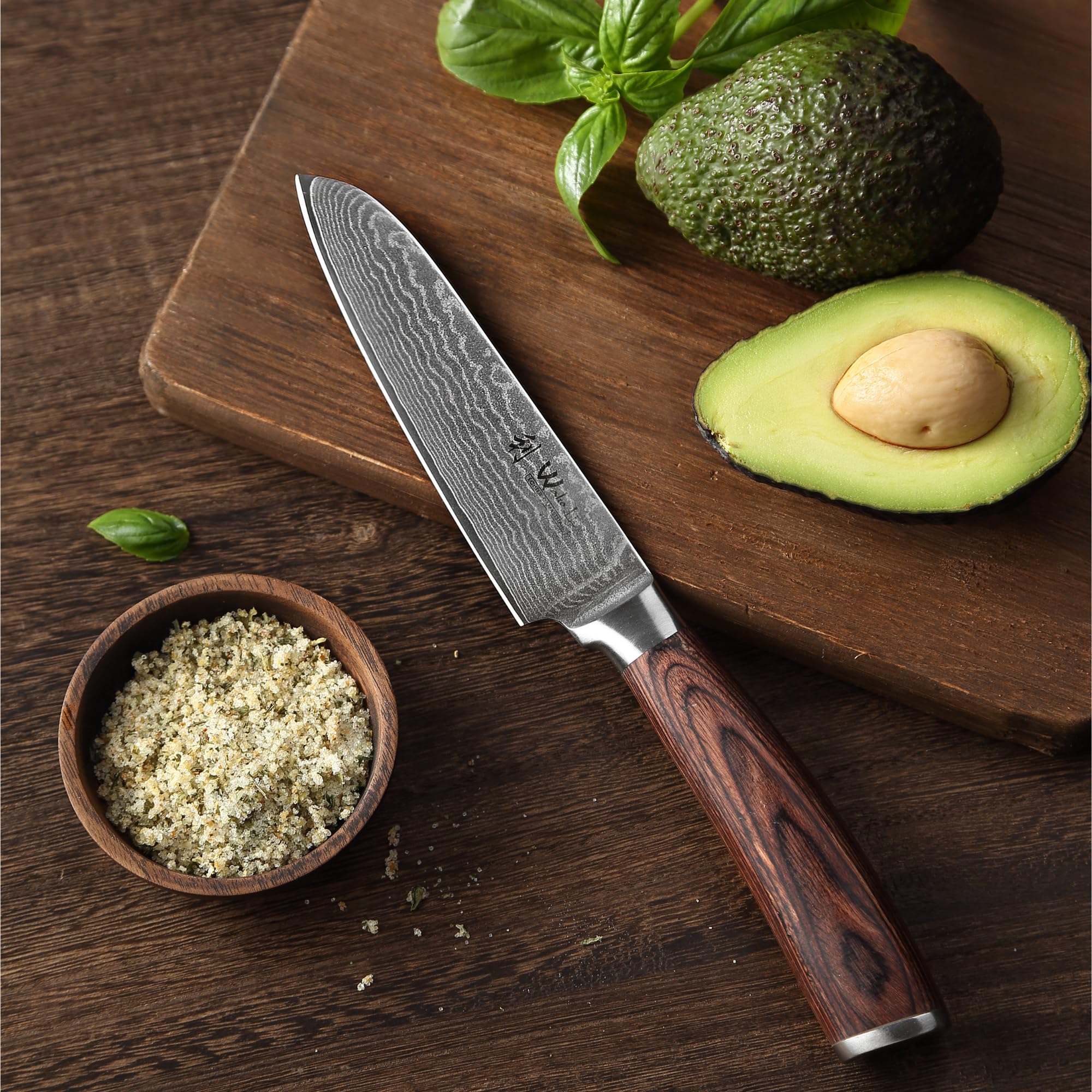 Wakoli 5-inch Santoku Knife - Damascus Steel Chef Knife with 67 Layers & VG10 Core, Razor Sharp Kitchen Knife with Ergonomic Pakkawood Handle - Perfect for Slicing, Dicing, and Chopping Vegetables, Meat, and Fish