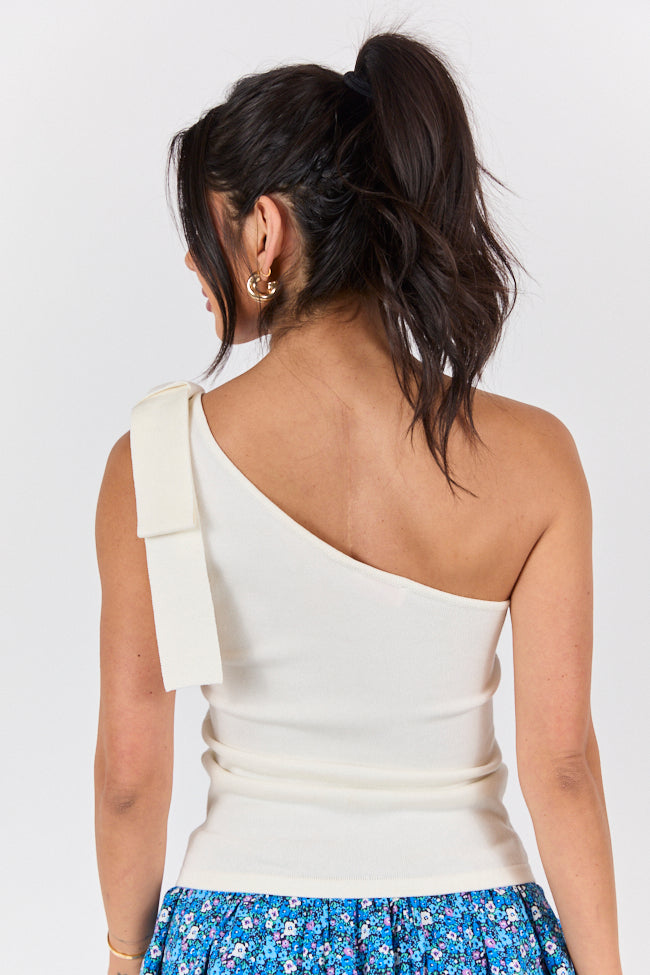 Count Me In Ivory One Shoulder Bow Detail Sweater Tank Top - Women's Elegant Summer Blouse for Date Night & Special Occasions